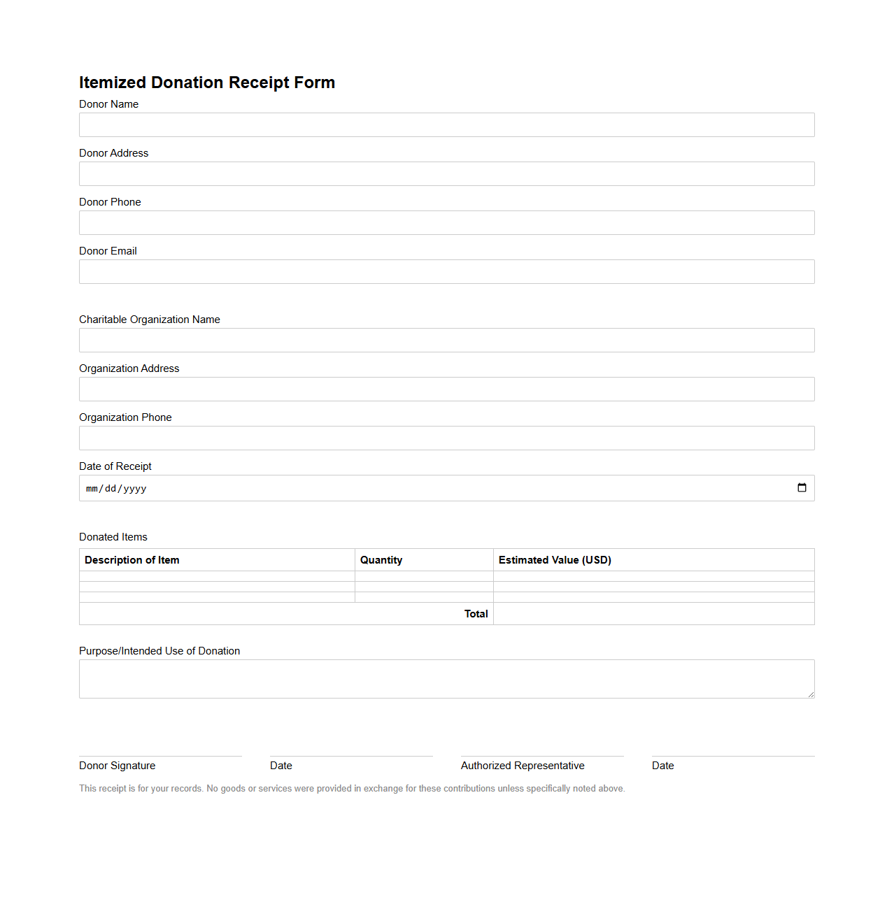 Itemized Donation Receipt Form