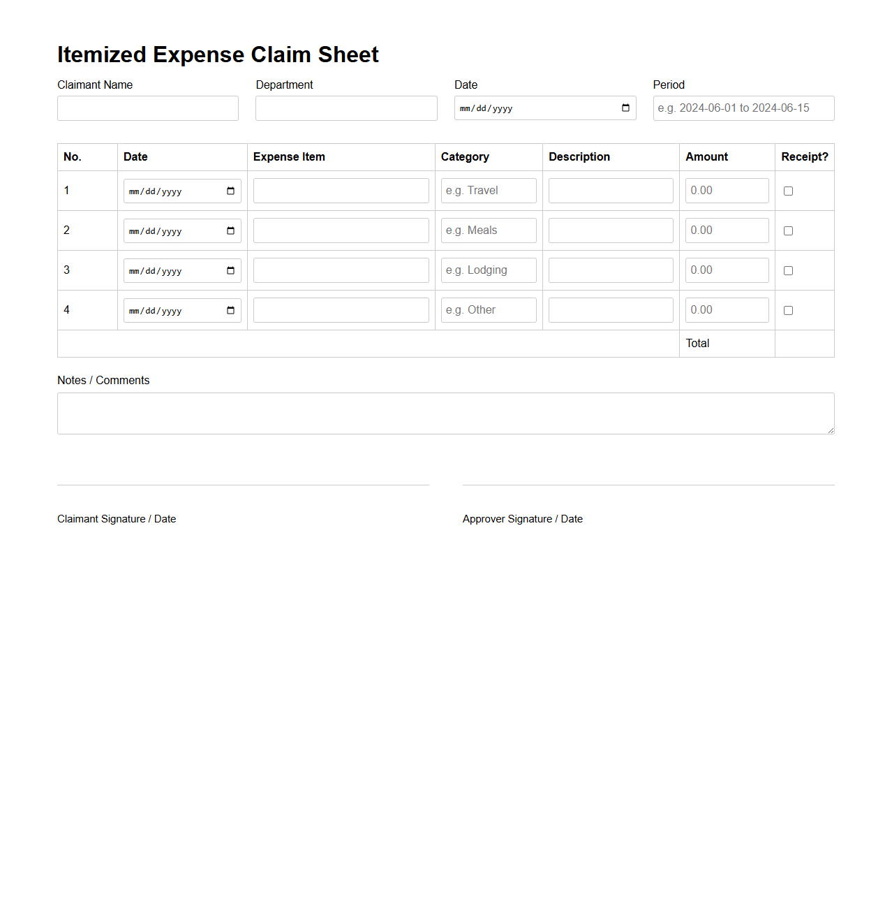 Itemized Expense Claim Sheet Template