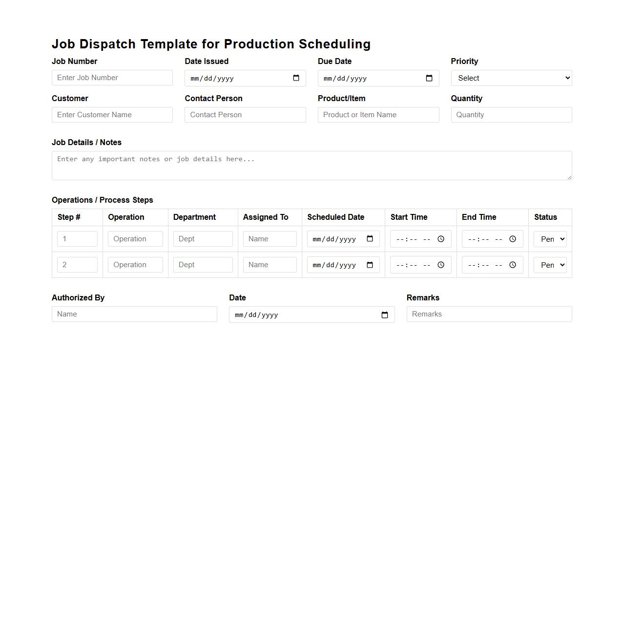 Job Dispatch Template for Production Scheduling