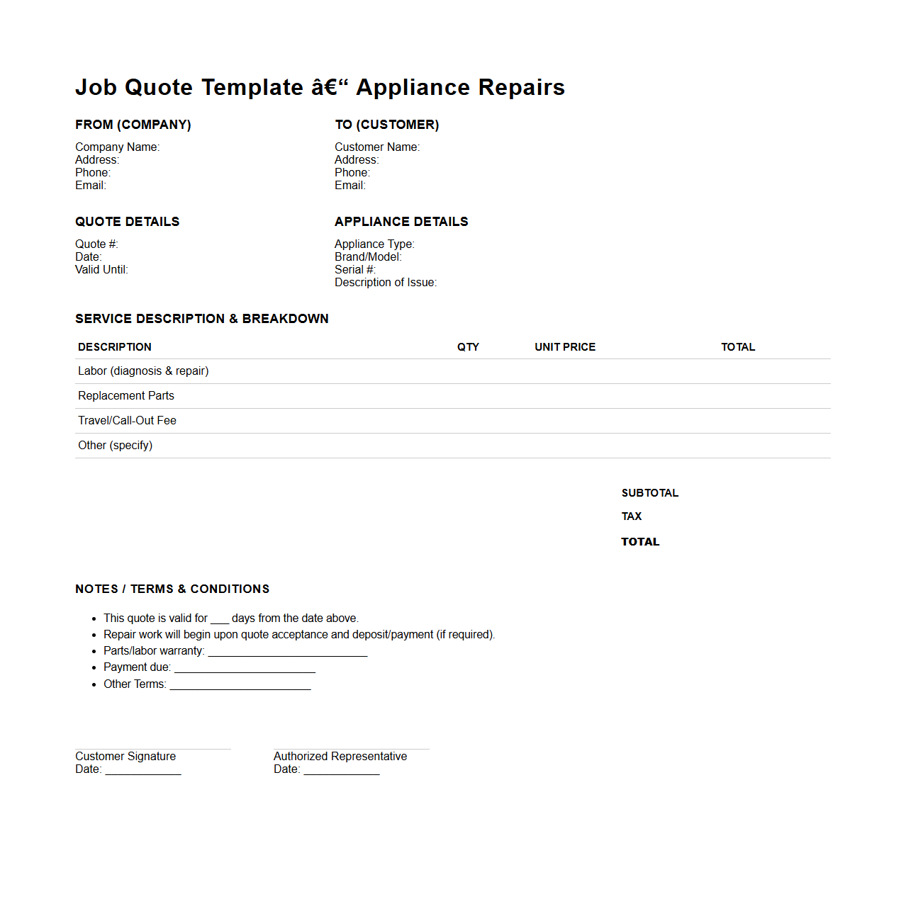 Job Quote Template for Appliance Repairs