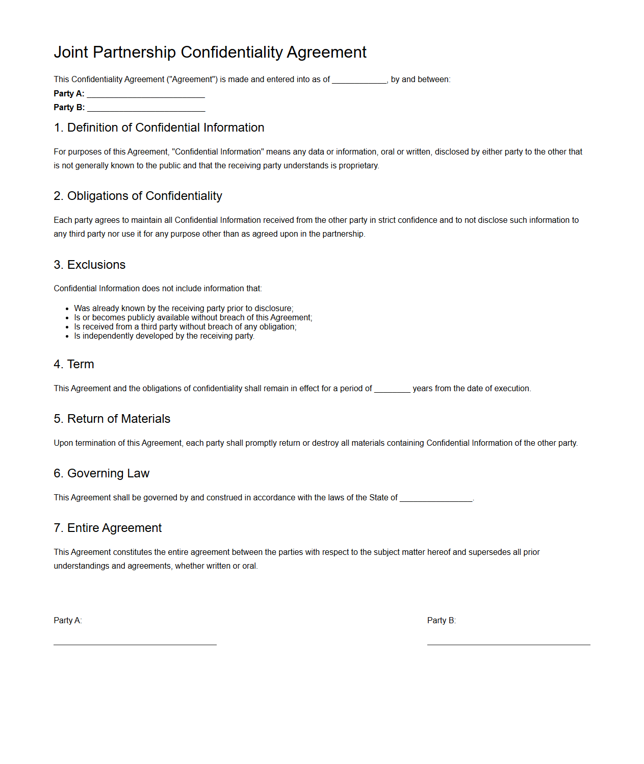 Joint Partnership Confidentiality Agreement Sample