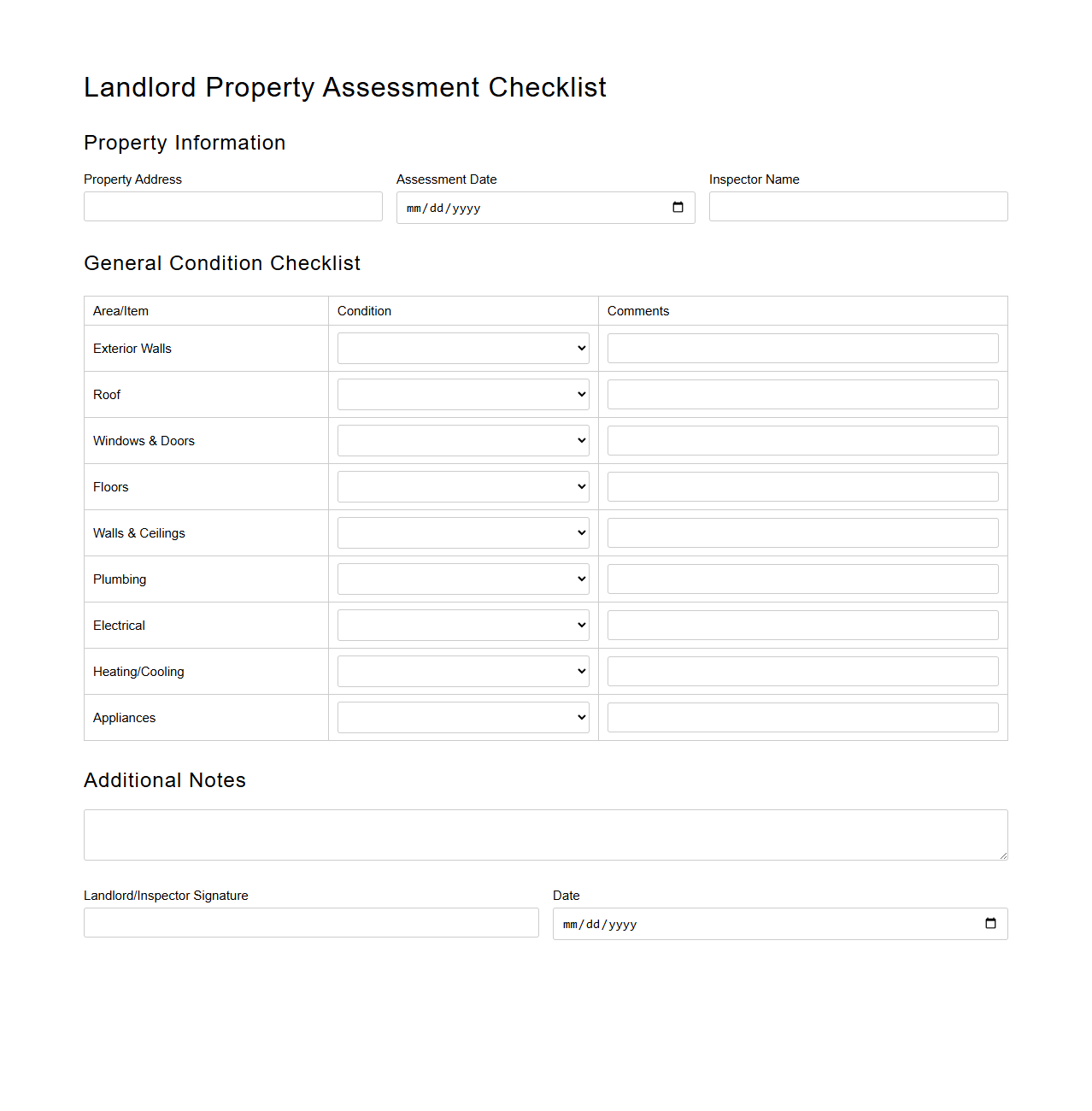 Landlord Property Assessment Checklist Form