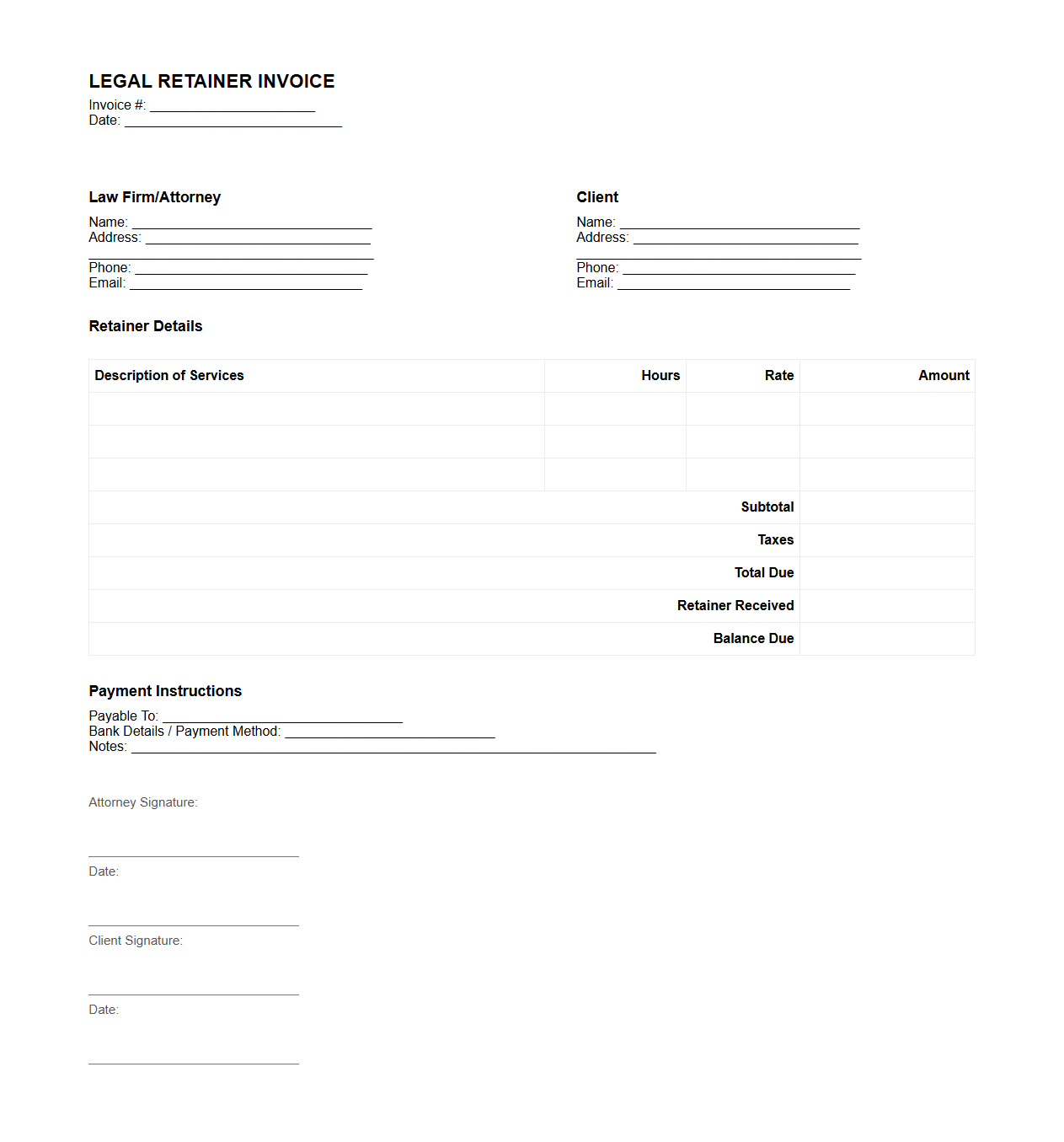 Legal Retainer Invoice Blank Sample