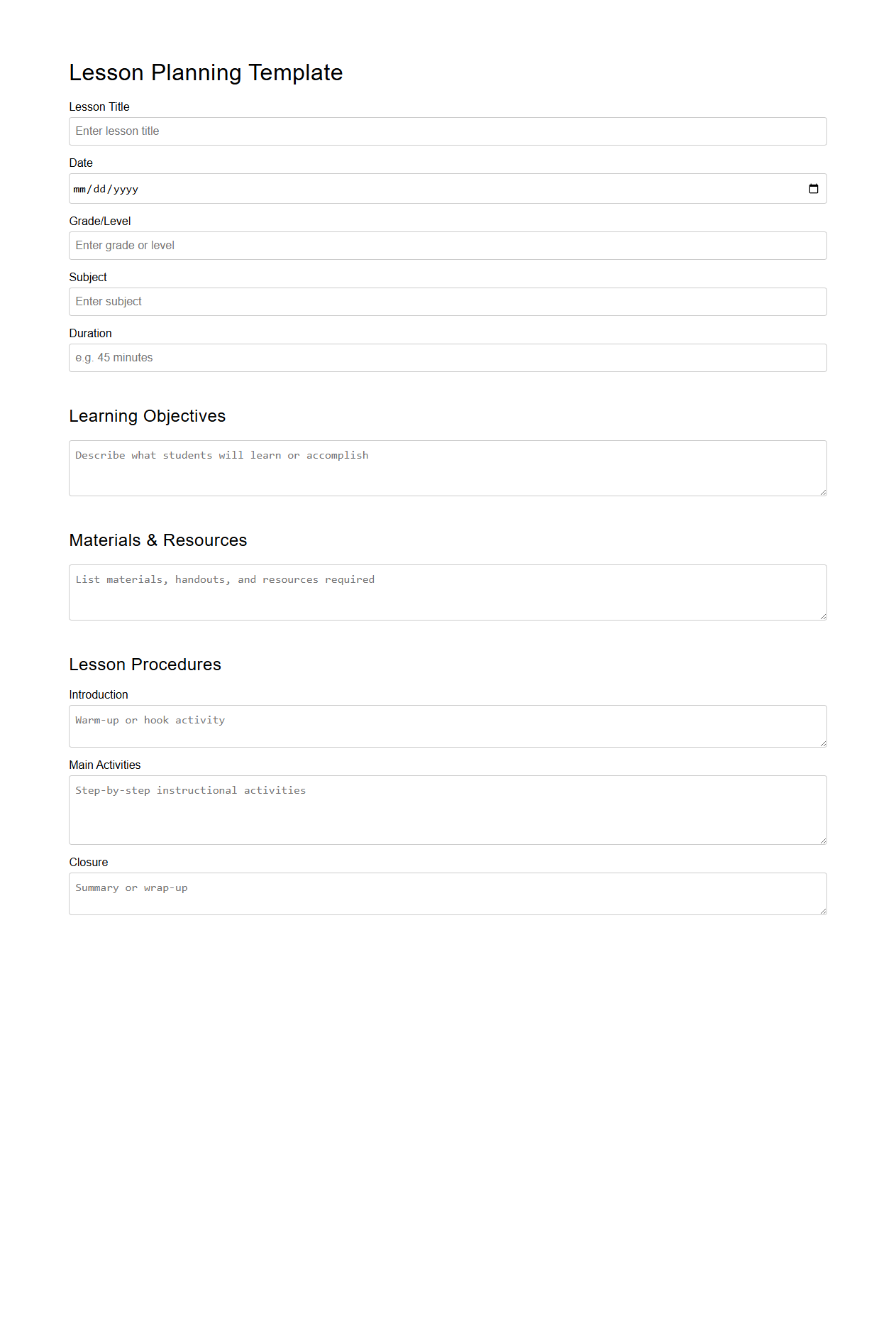 Lesson Planning Template with Assessment Sections