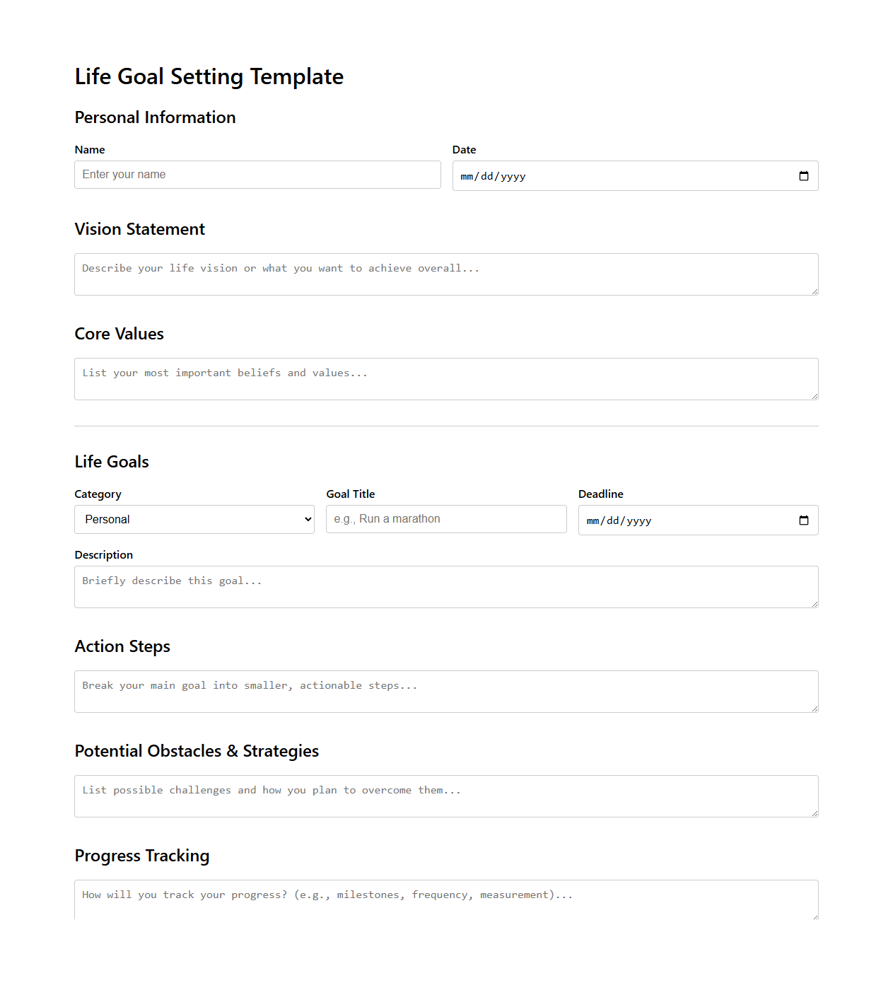 Life Goal Setting Template for Individuals