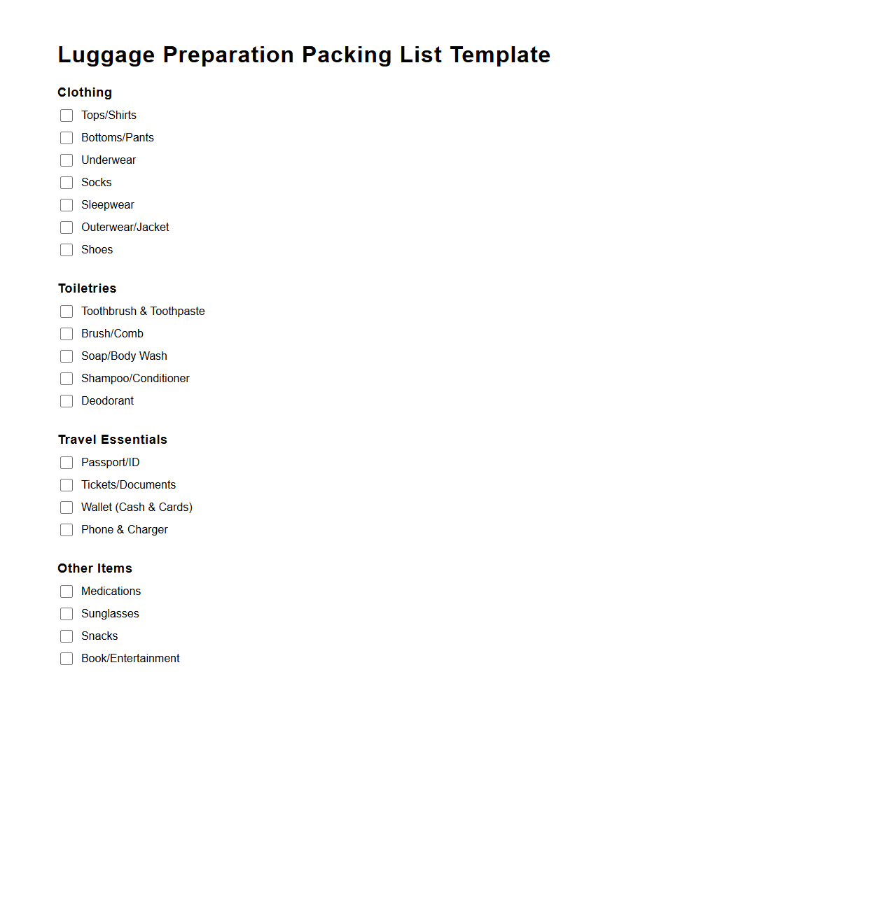 Luggage Preparation Packing List Template