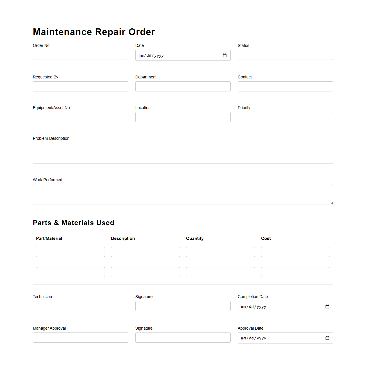 Maintenance Repair Order Template