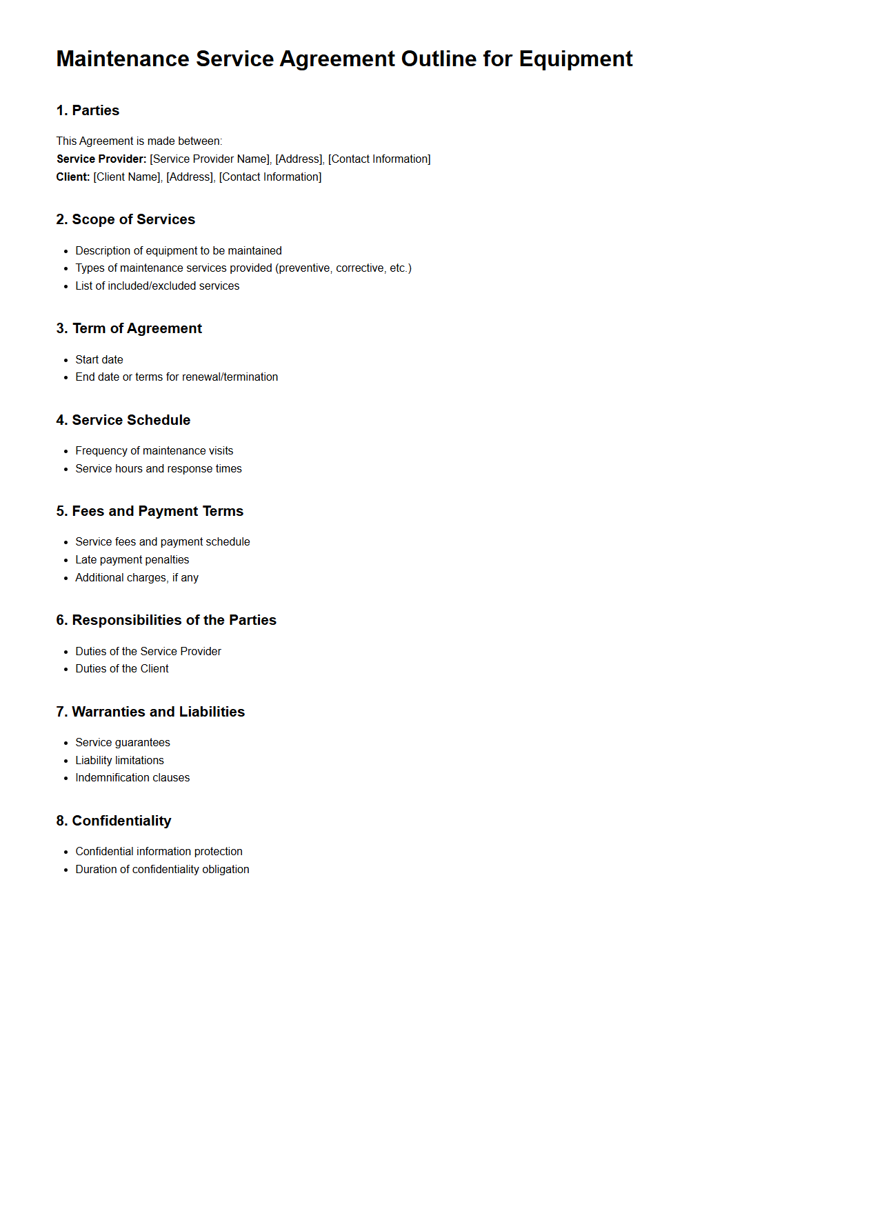 Maintenance Service Agreement Outline for Equipment