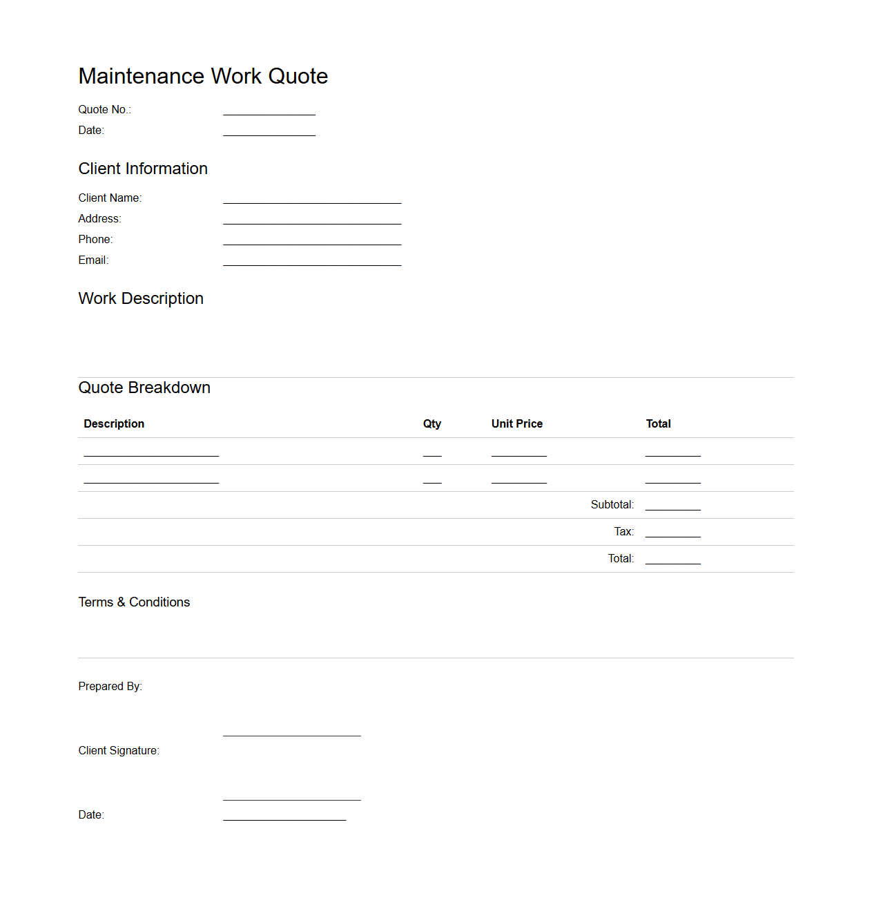 Maintenance Work Quote Document