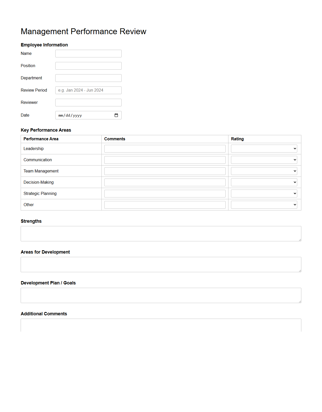 Management Performance Review Blank Form