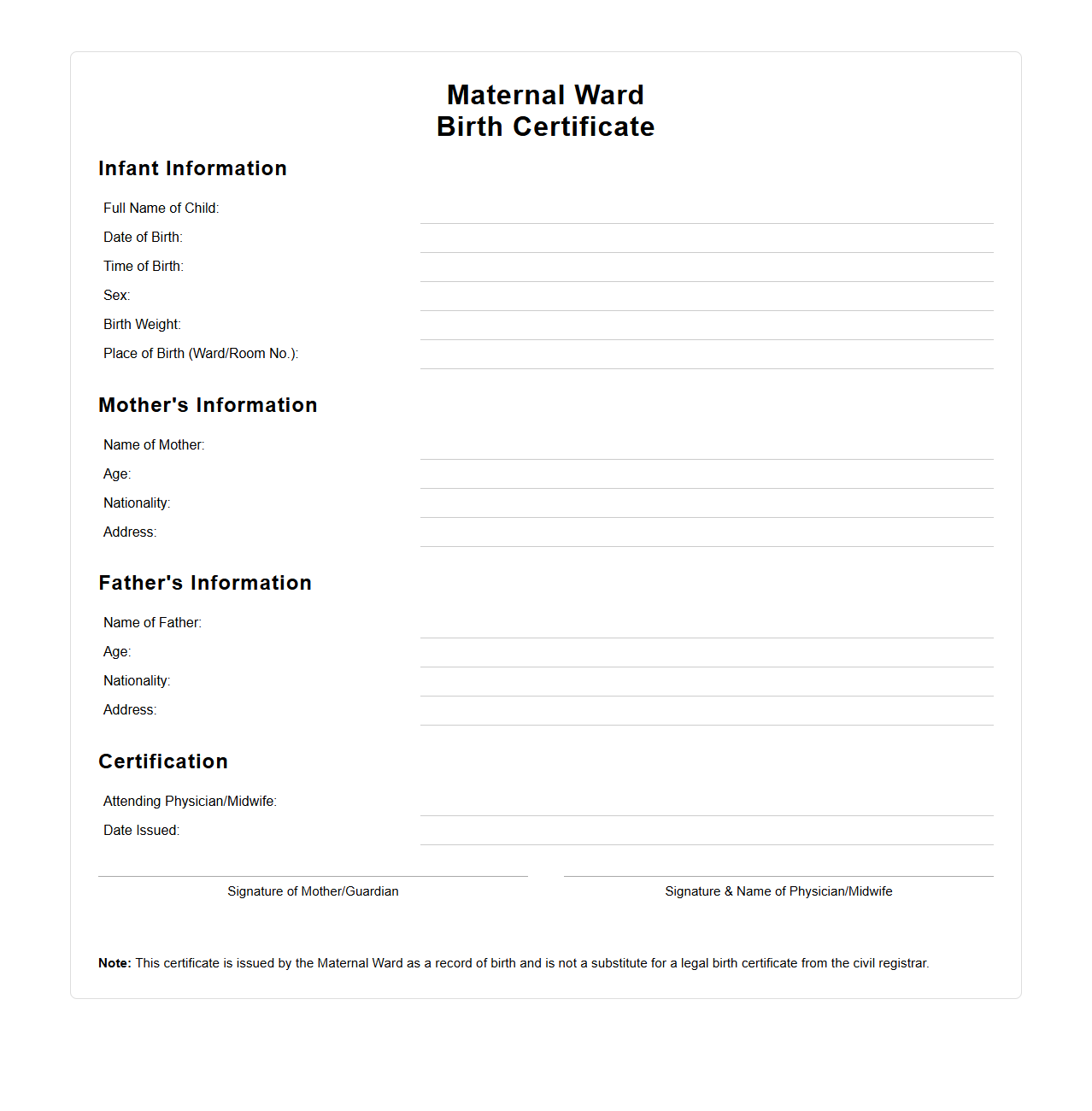 Maternal Ward Birth Certificate Sample Template
