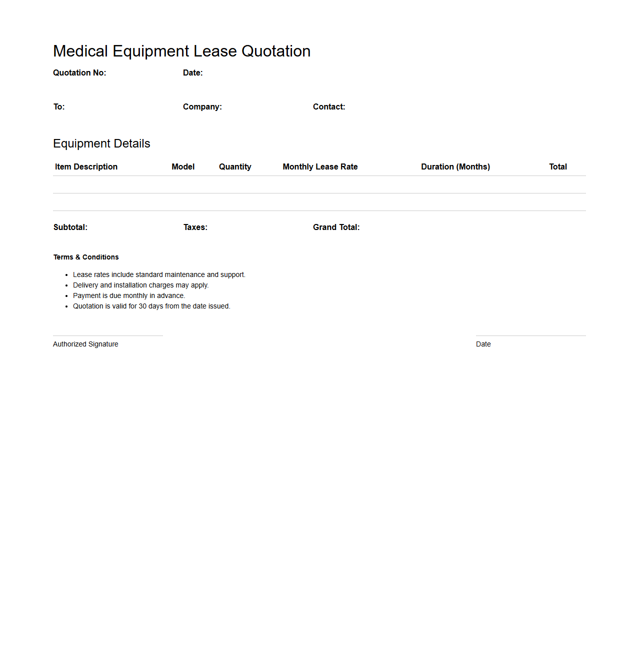 Medical Equipment Lease Quotation Sample