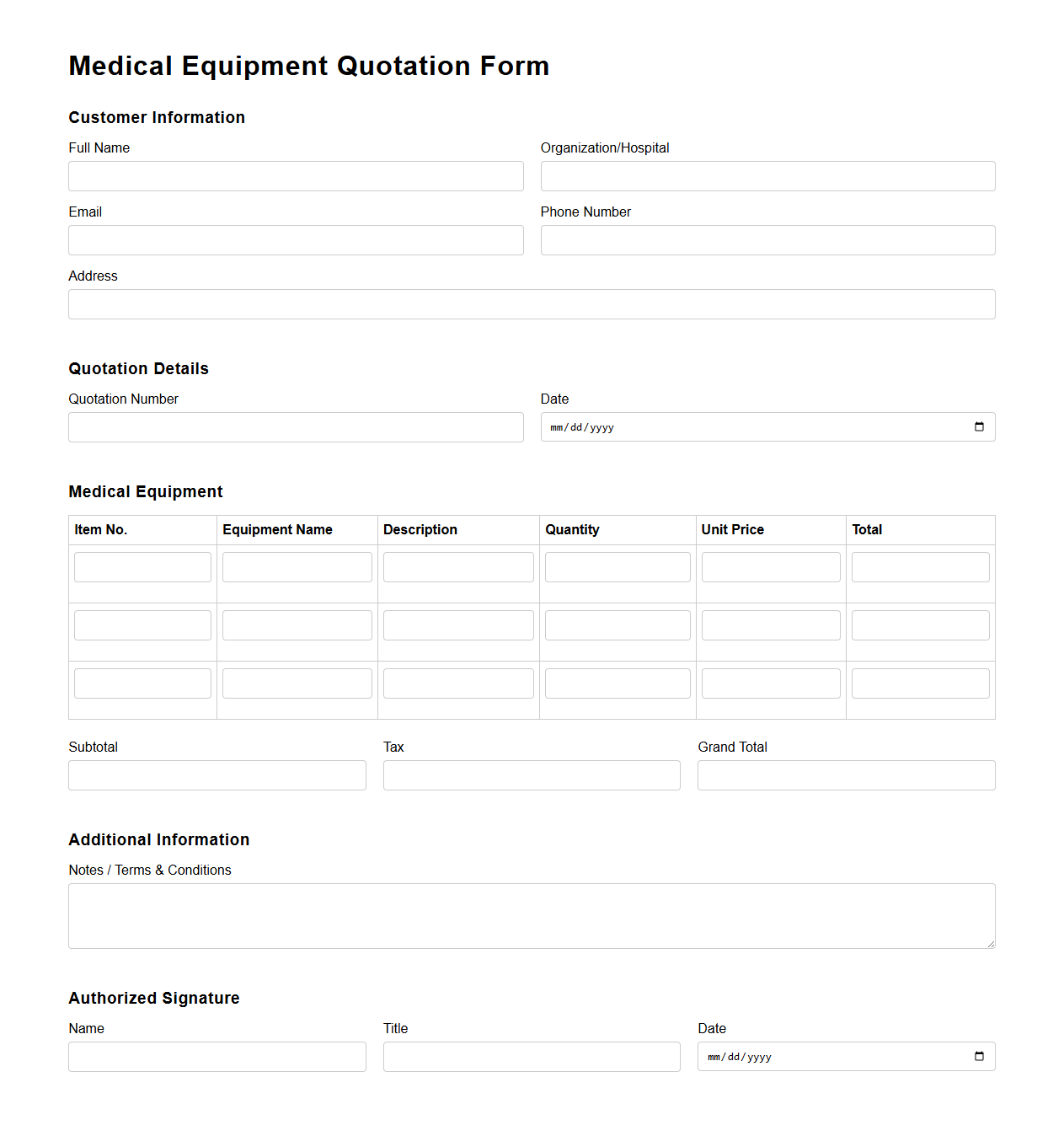 Medical Equipment Quotation Form