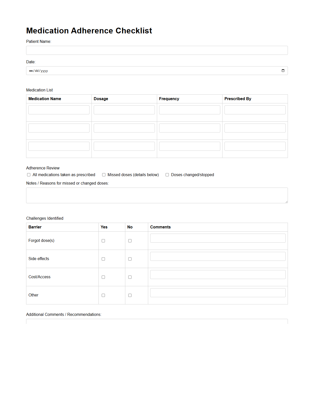 Medication Adherence Checklist Template