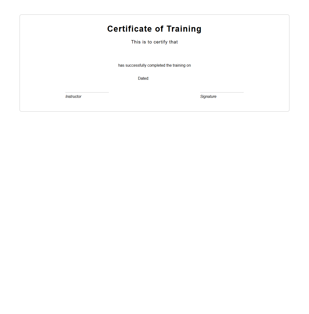 Minimalist Certificate of Training Template