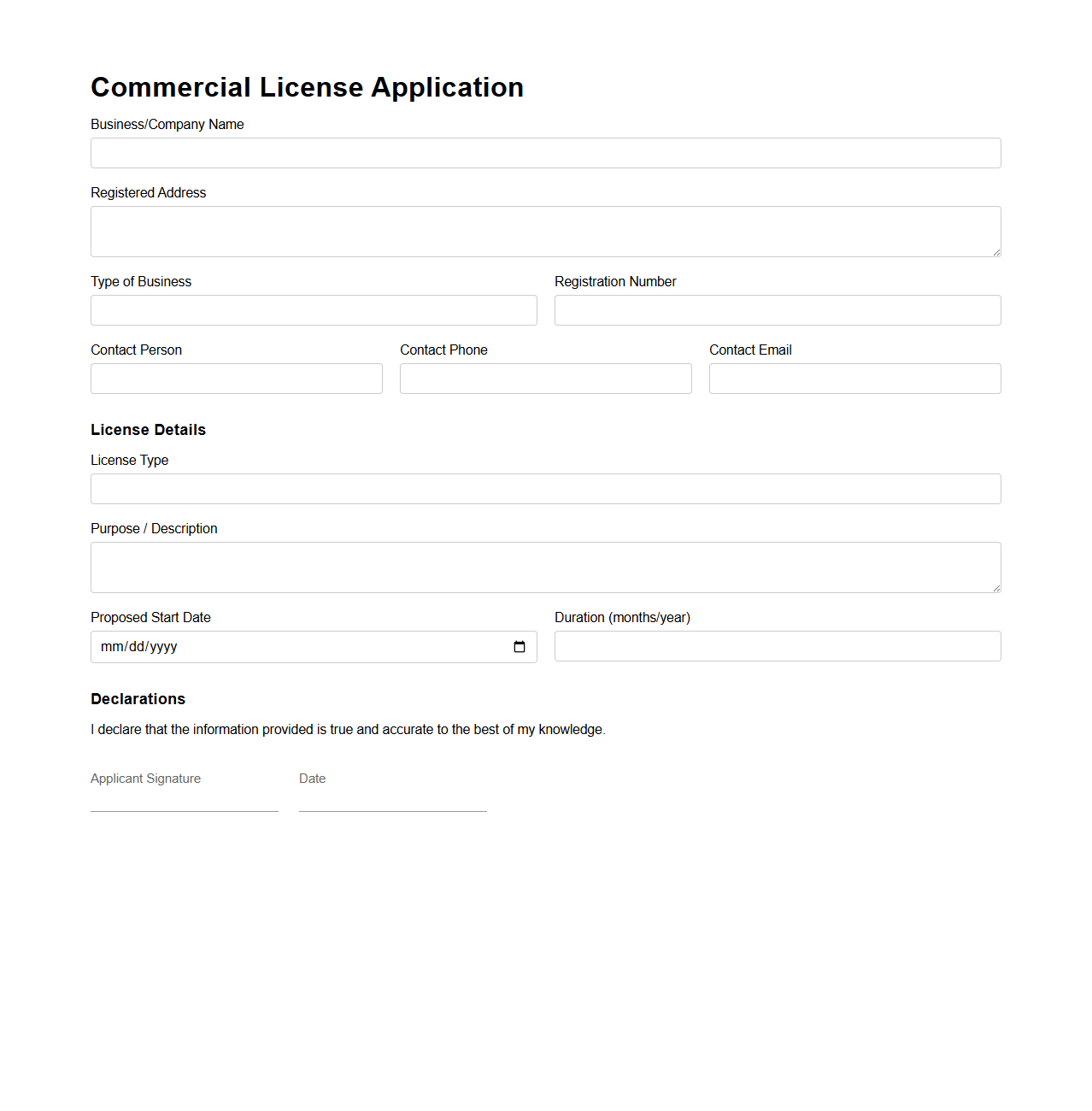 Minimalist Commercial License Application Format