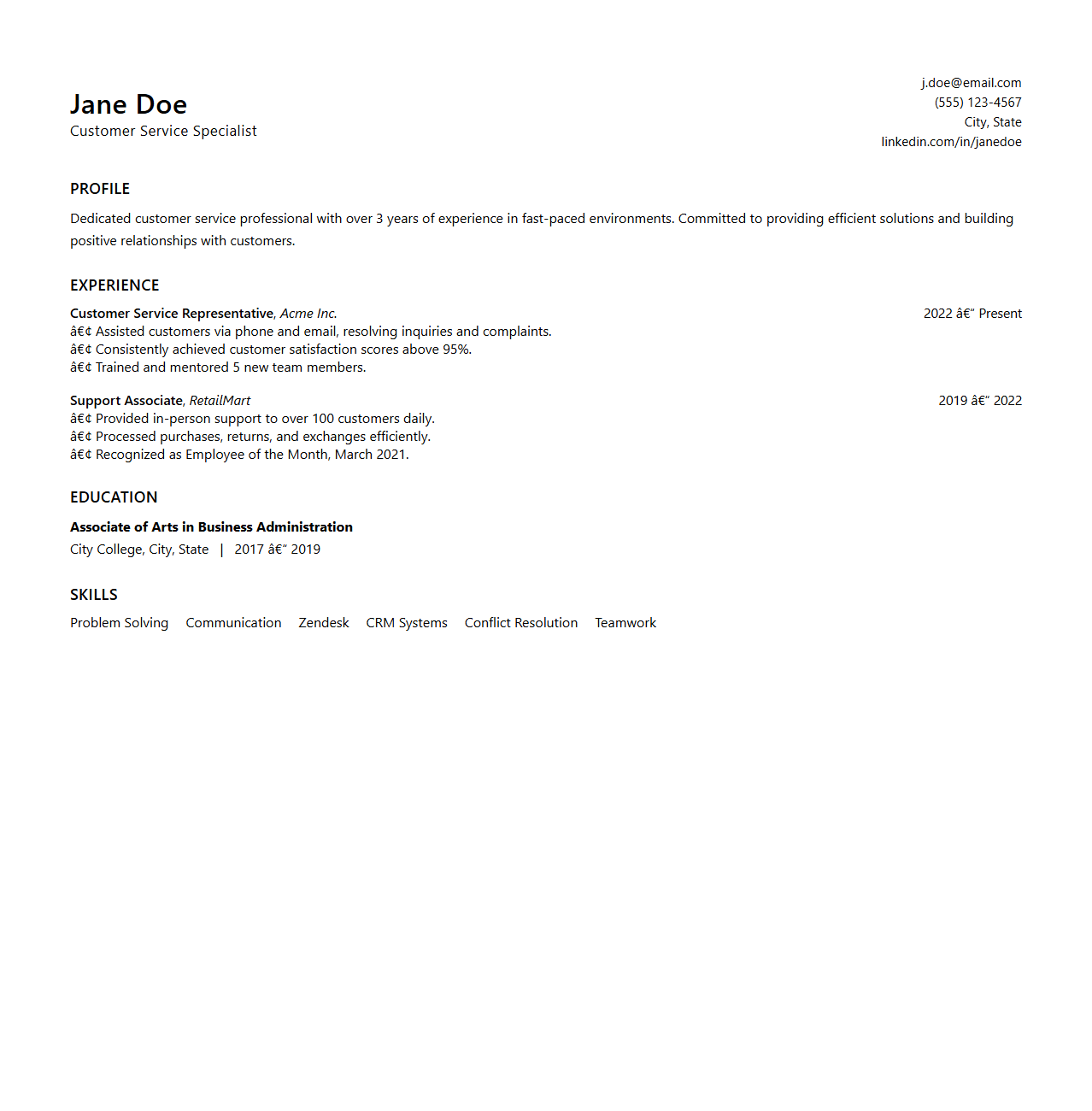 Minimalist Customer Service Resume Layout