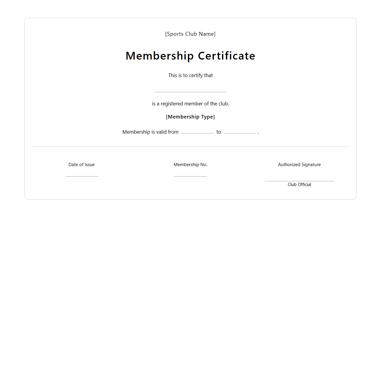 Minimalist Sports Club Membership Certificate