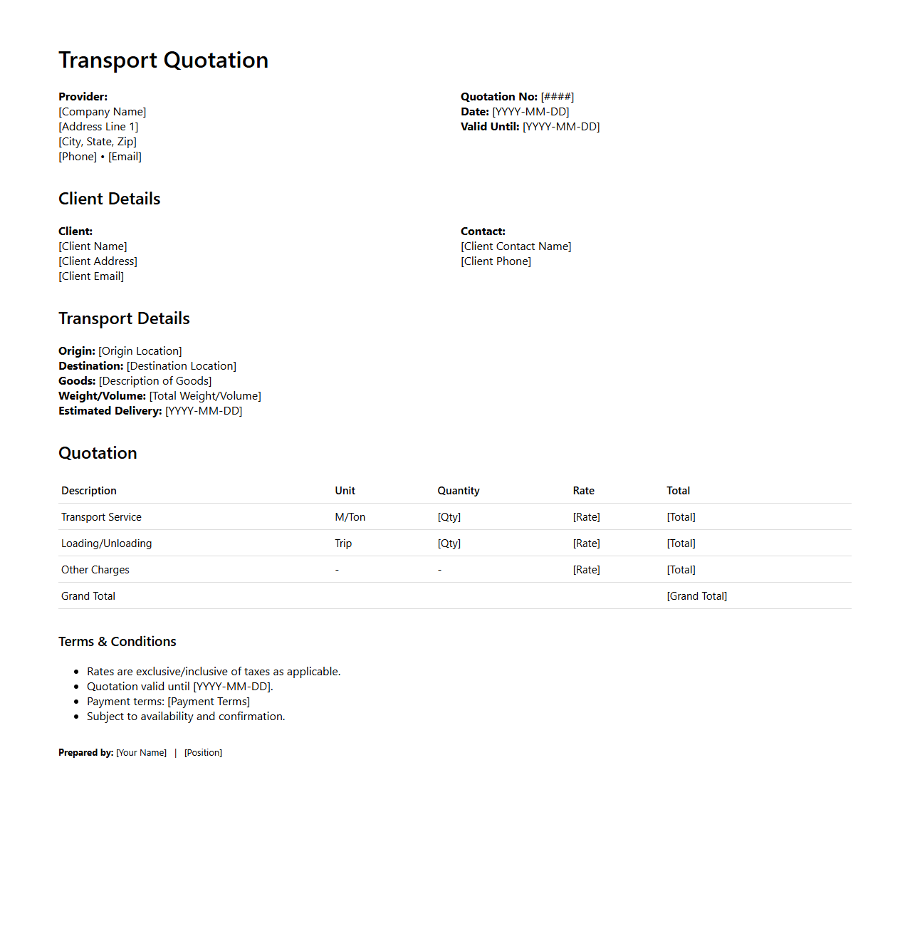 Minimalist Transport Quotation Format for Logistics Providers