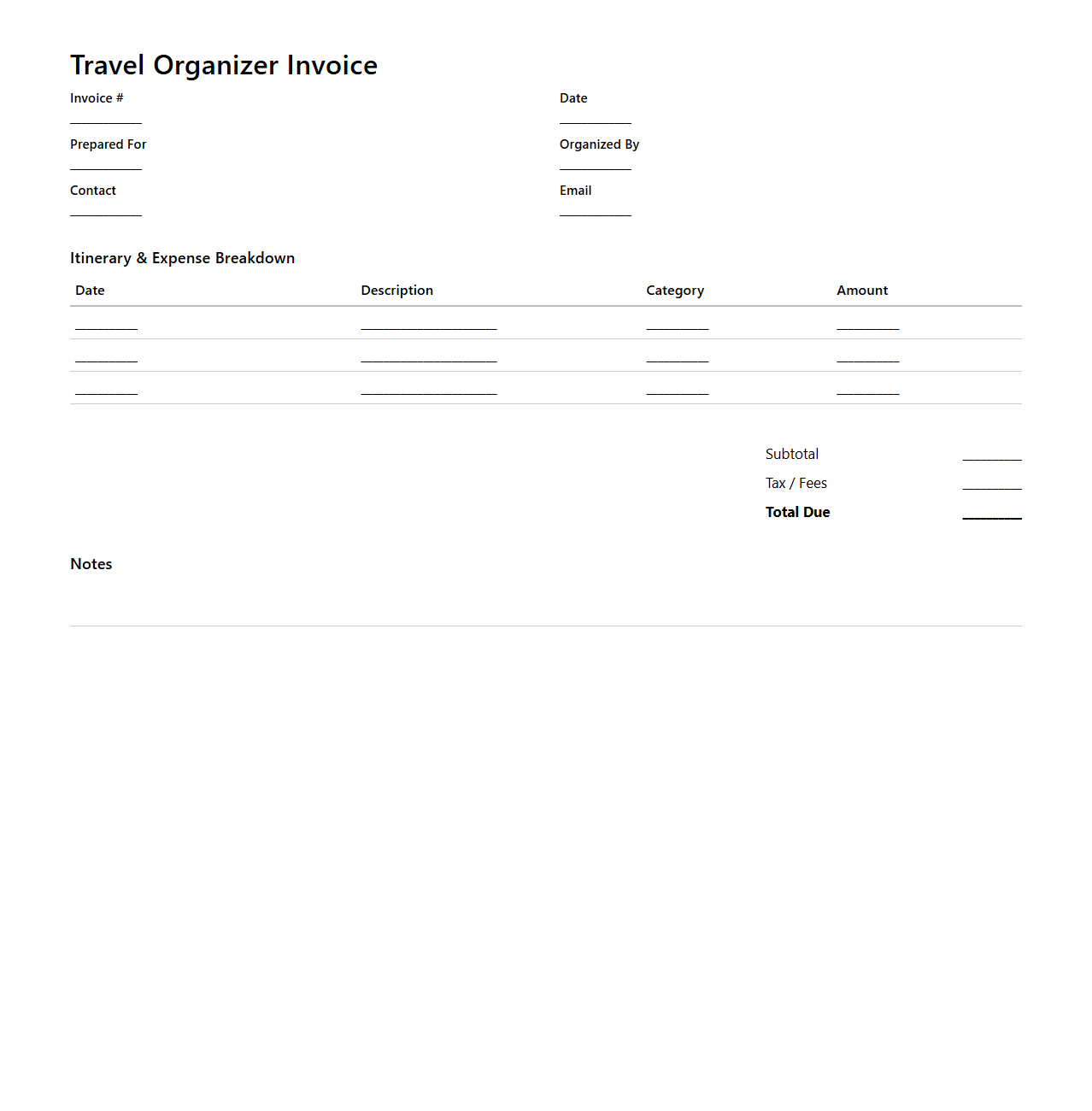 Minimalist Travel Organizer Invoice Sheet