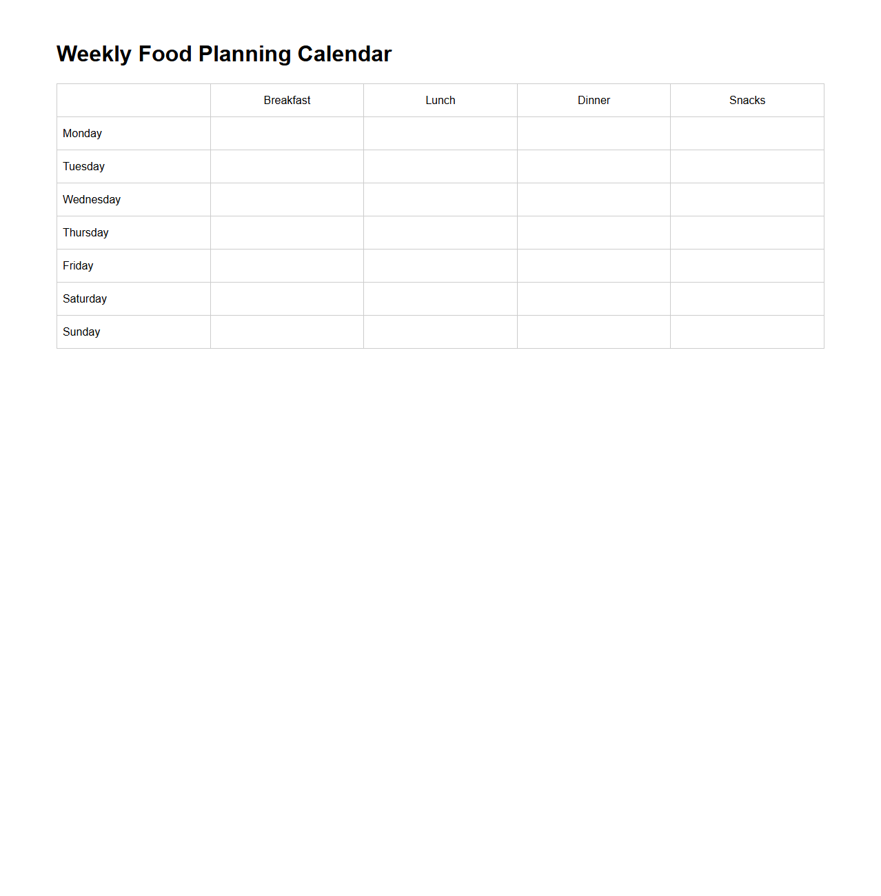 Minimalist Weekly Food Planning Calendar