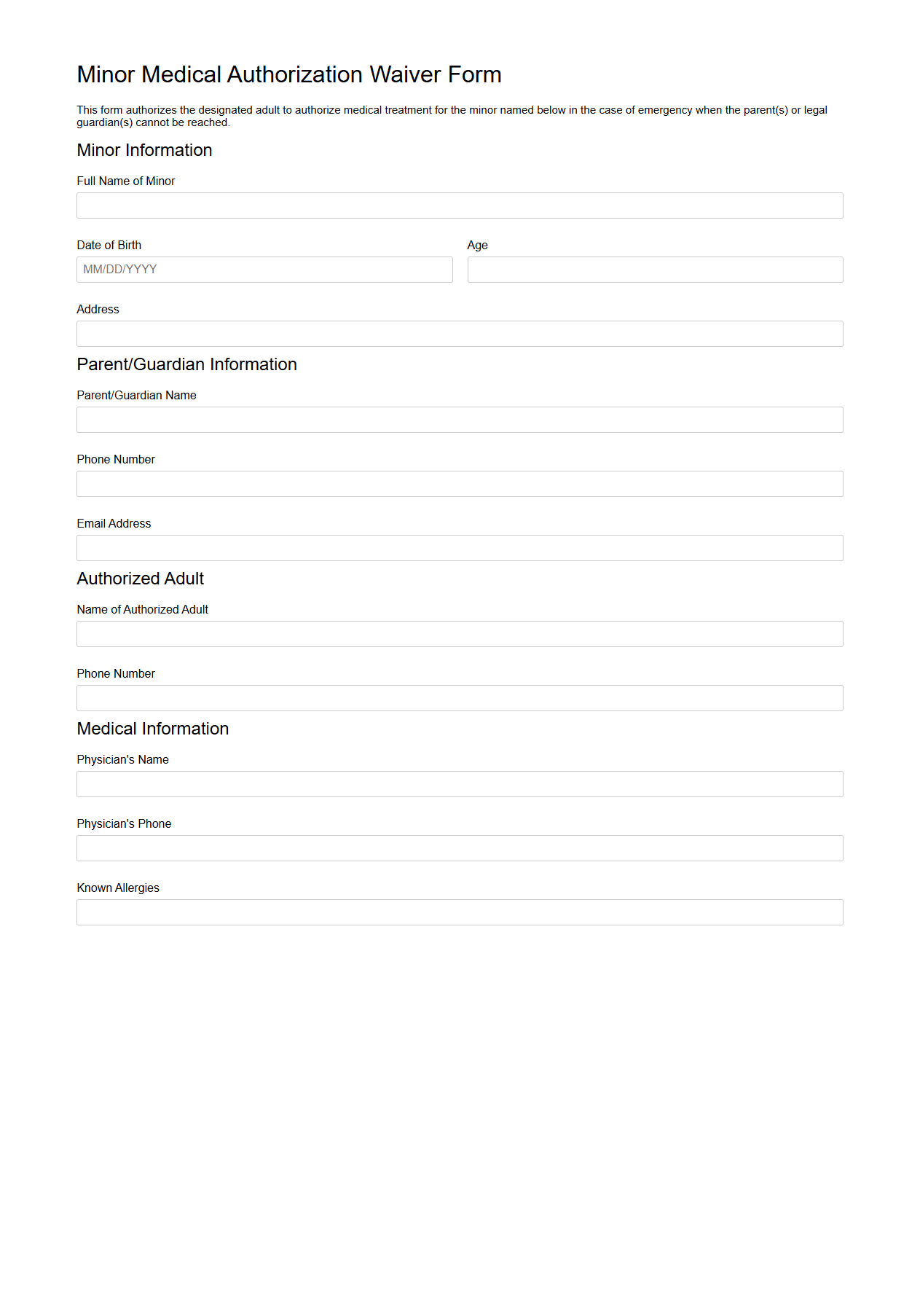 Minor Medical Authorization Waiver Form