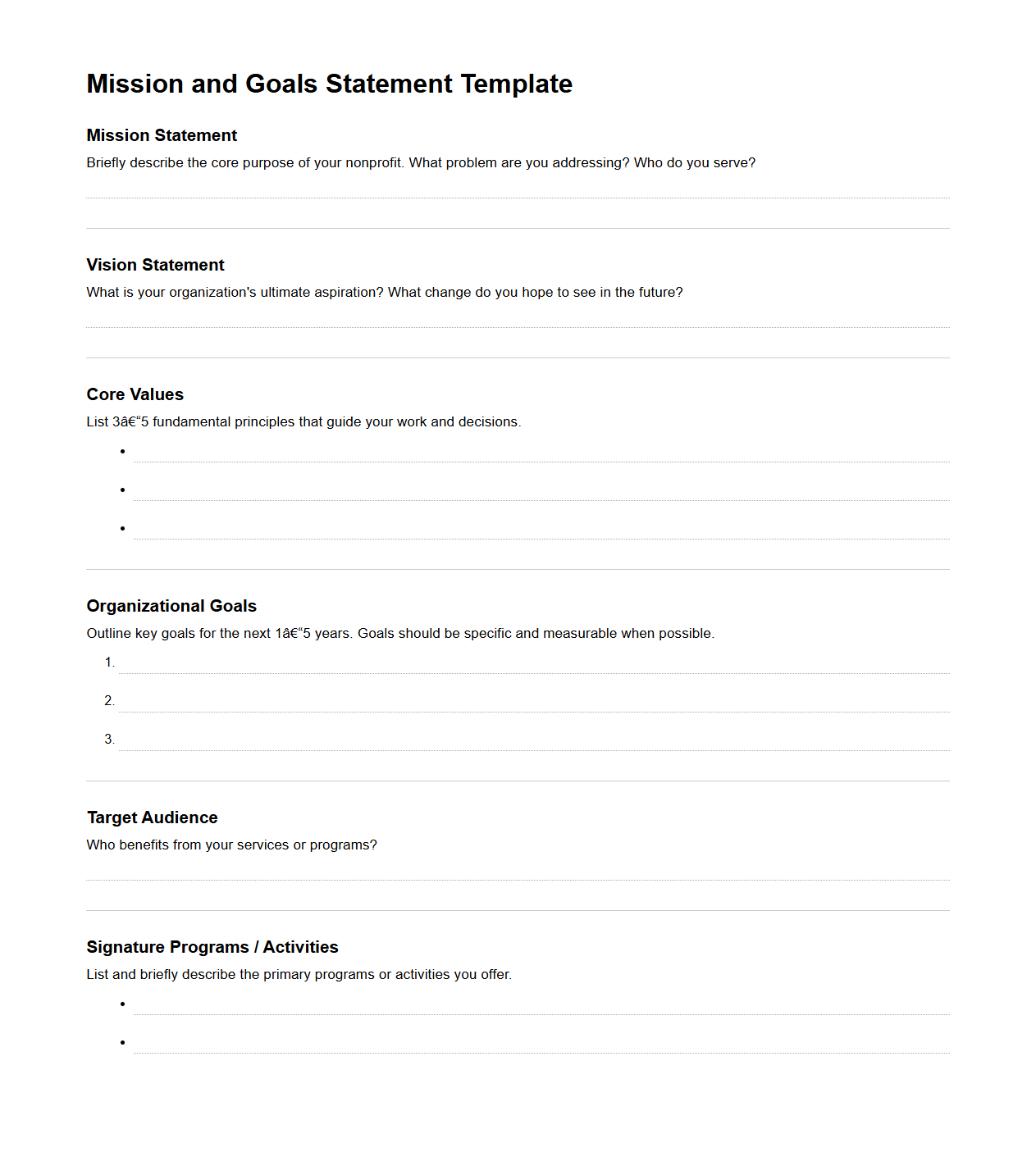 Mission and Goals Statement Template for Nonprofits