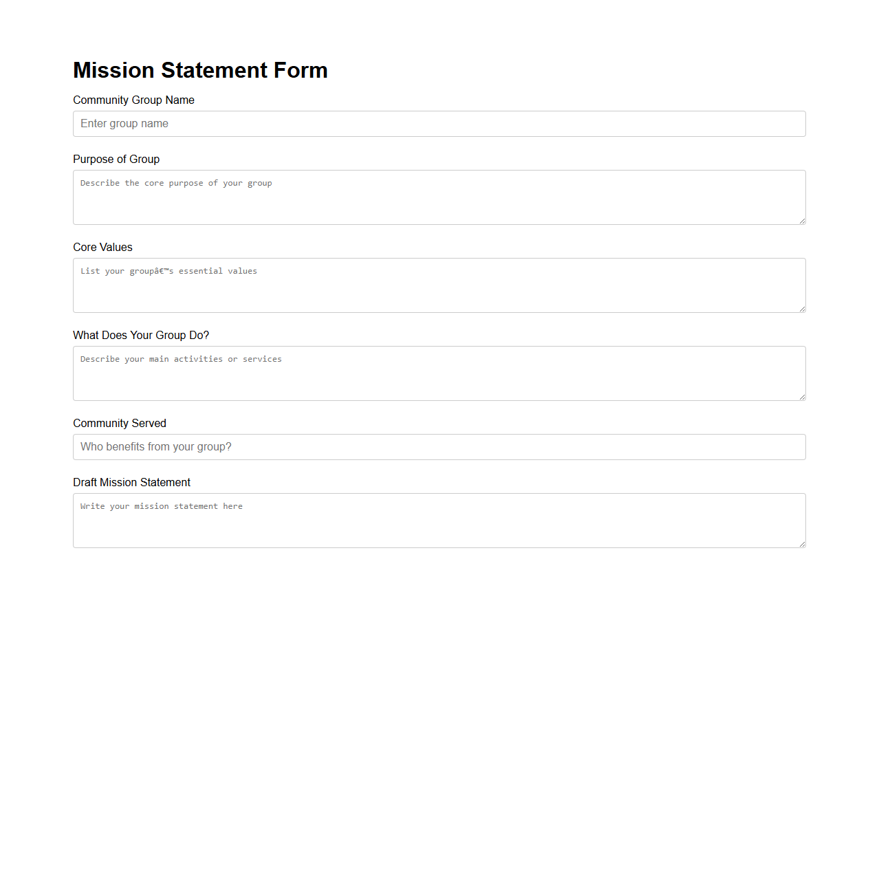 Mission Statement Form for Community Groups