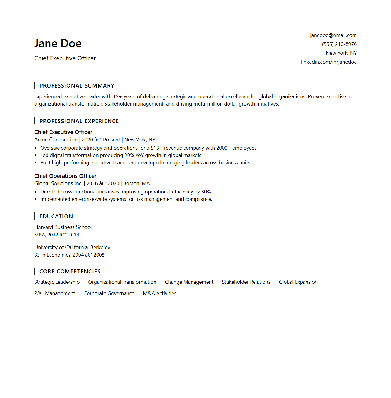 Modern Corporate Resume Template for Executive Roles