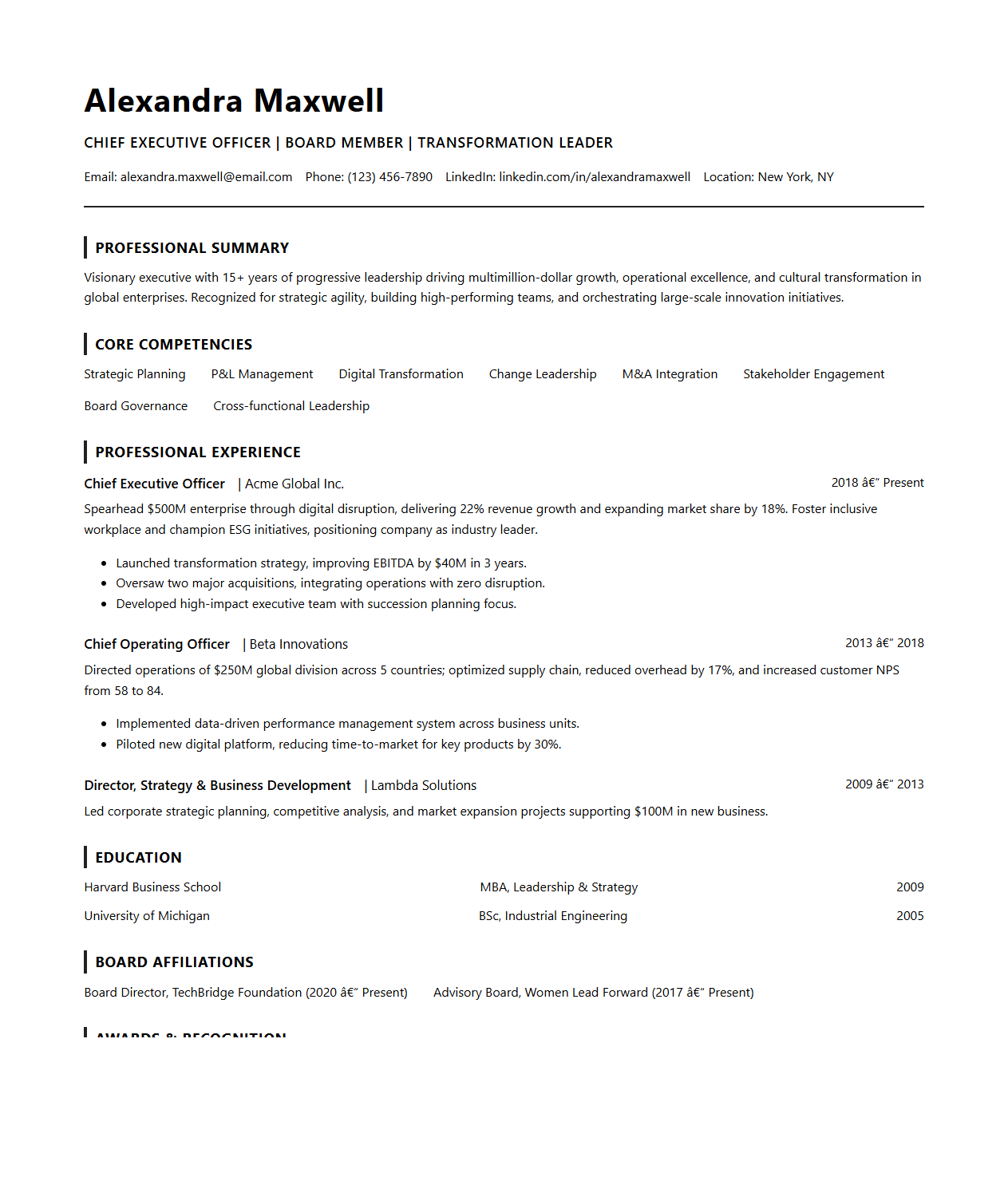 Modern Executive Resume Template for Senior Leadership Roles