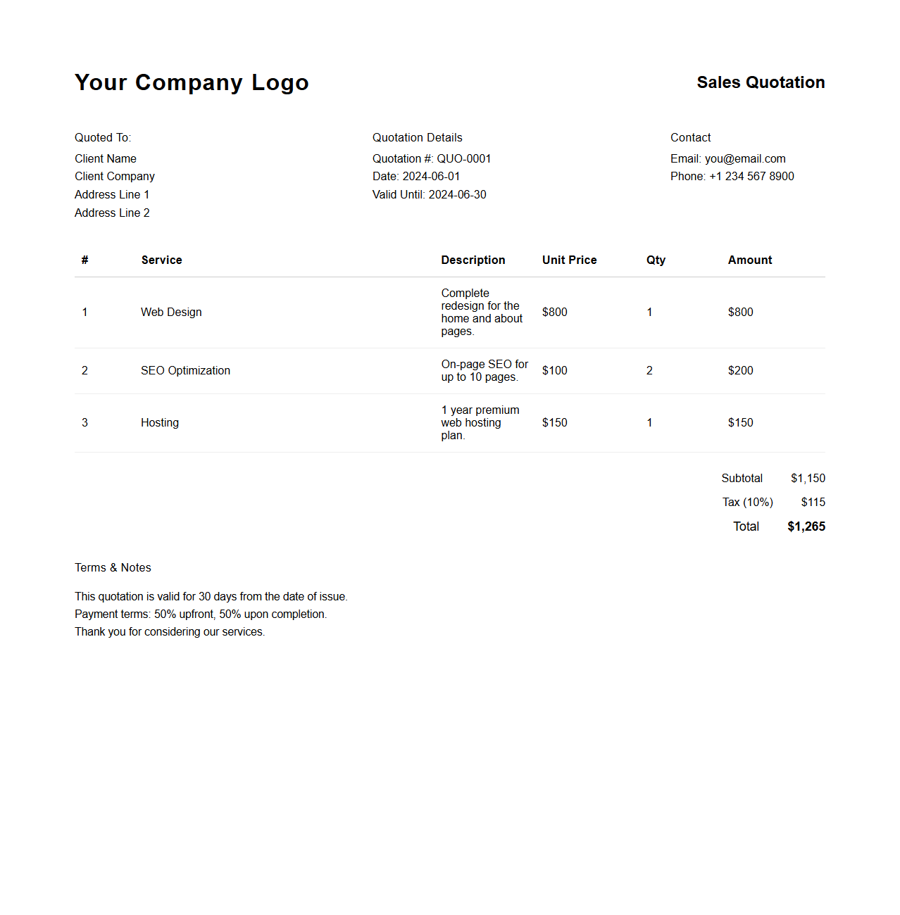 Modern Sales Quotation Layout for Service Providers