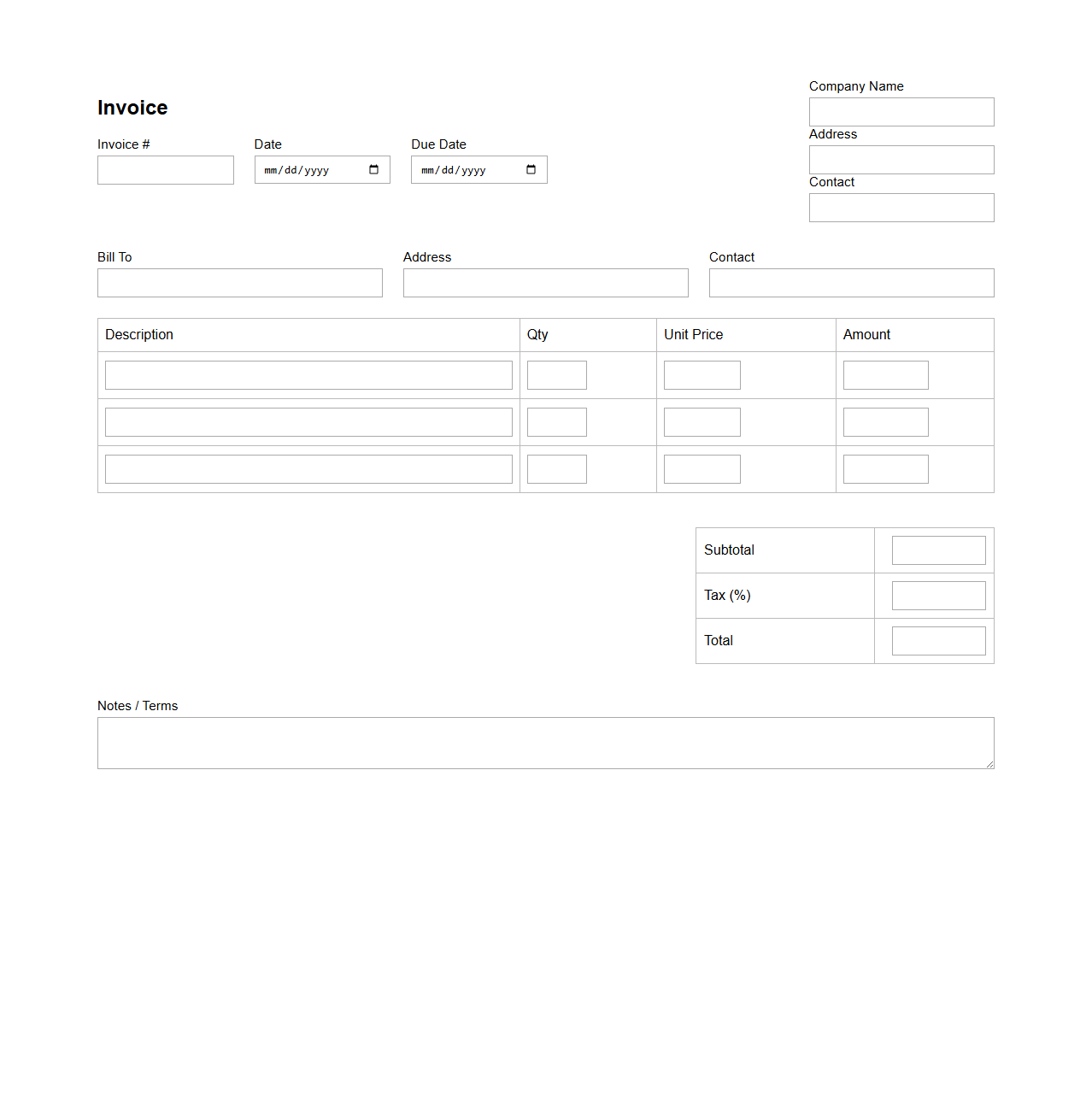 Monthly Billing Blank Invoice Form