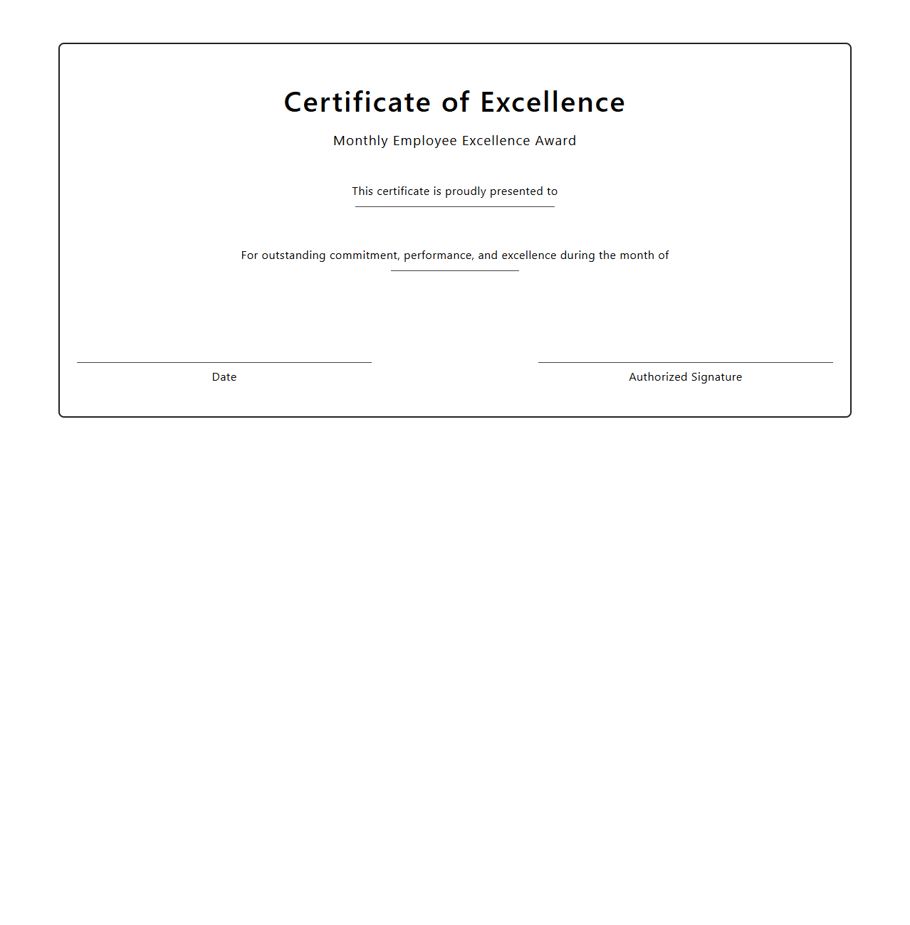 Monthly Employee Excellence Certificate Blank