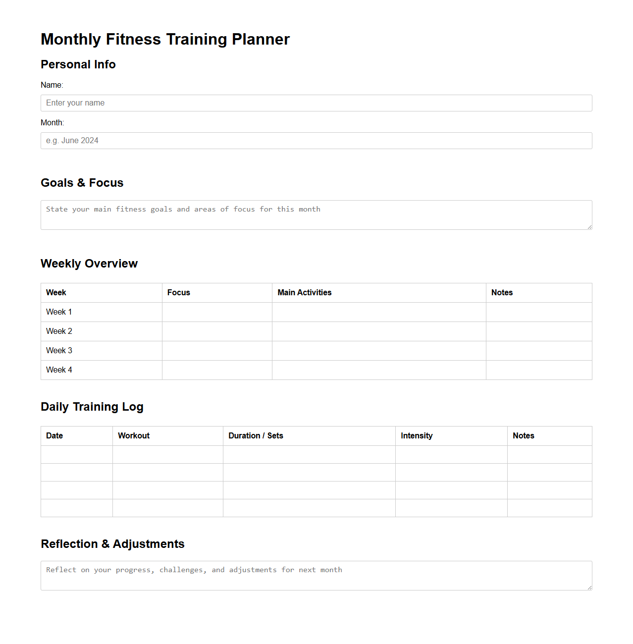 Monthly Fitness Training Planner Template