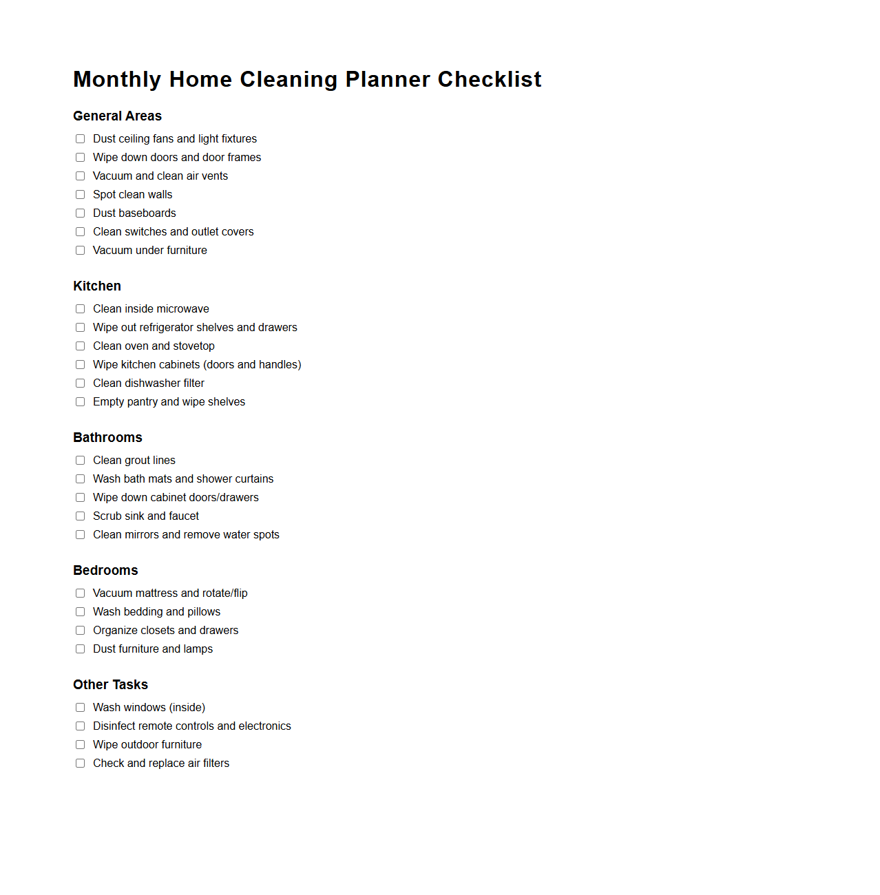 Monthly Home Cleaning Planner Checklist