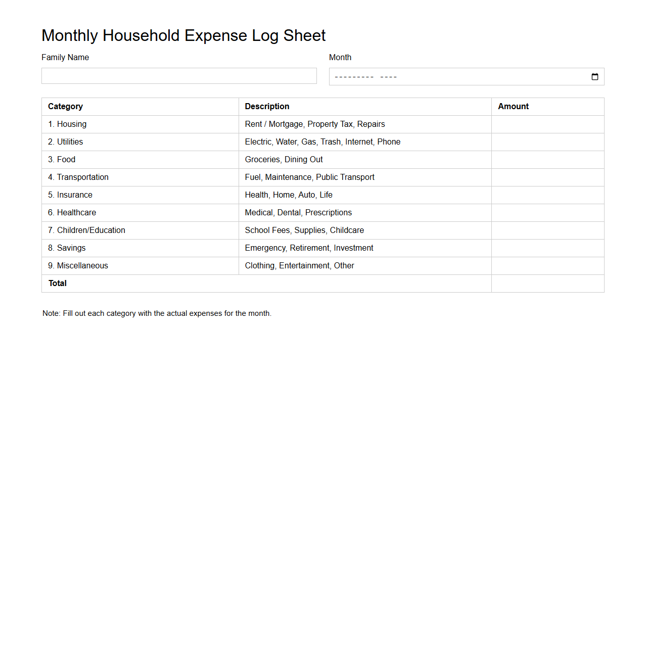 Monthly Household Expense Log Sheet