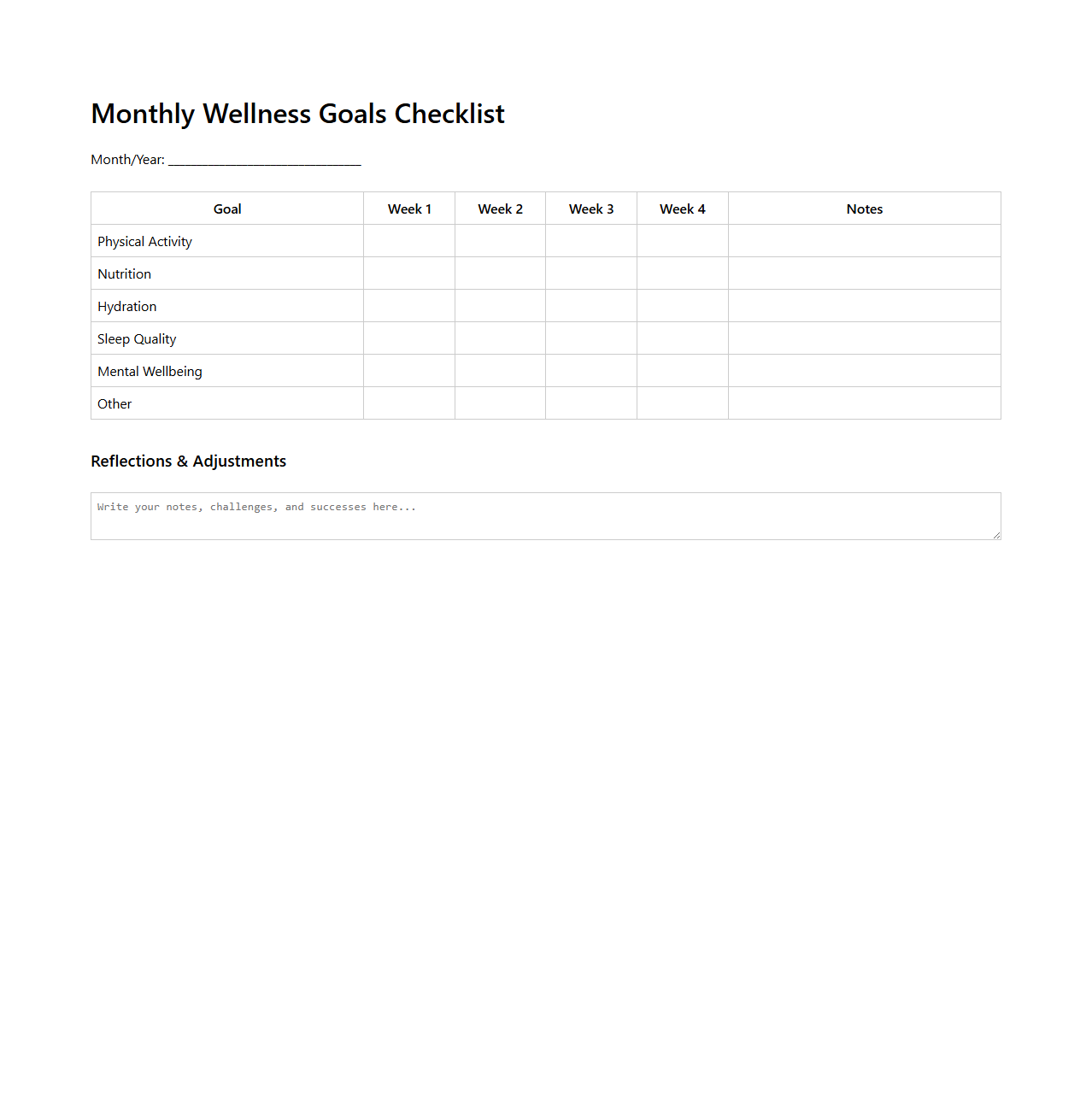 Monthly Wellness Goals Checklist Template