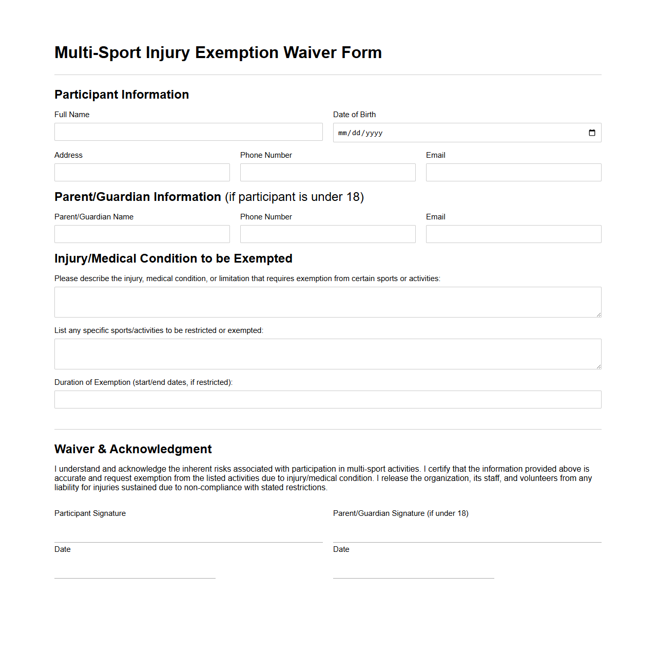 Multi-Sport Injury Exemption Waiver Form Template