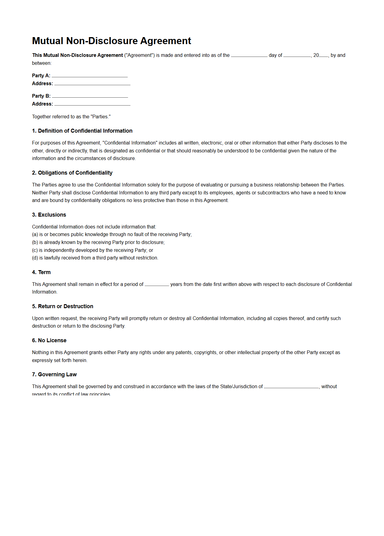 Mutual Non-Disclosure Agreement Format for Contractors