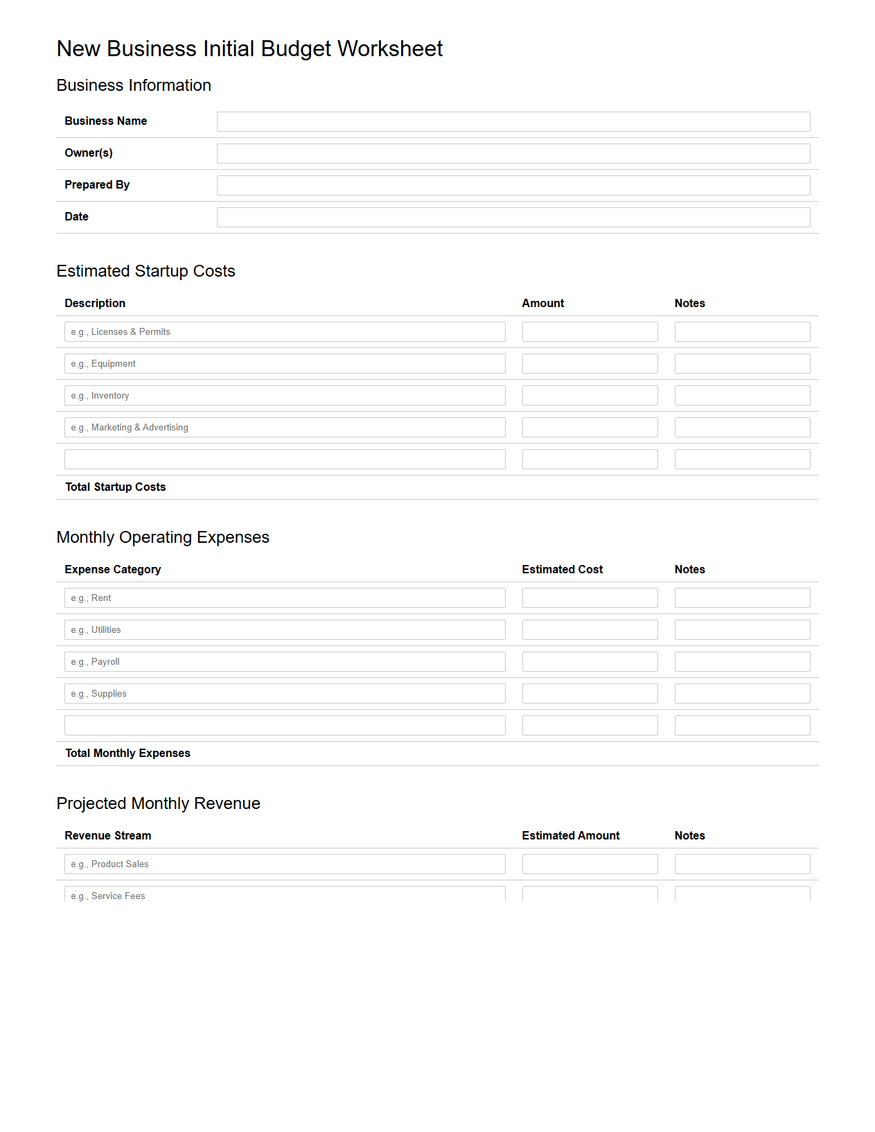 New Business Initial Budget Worksheet