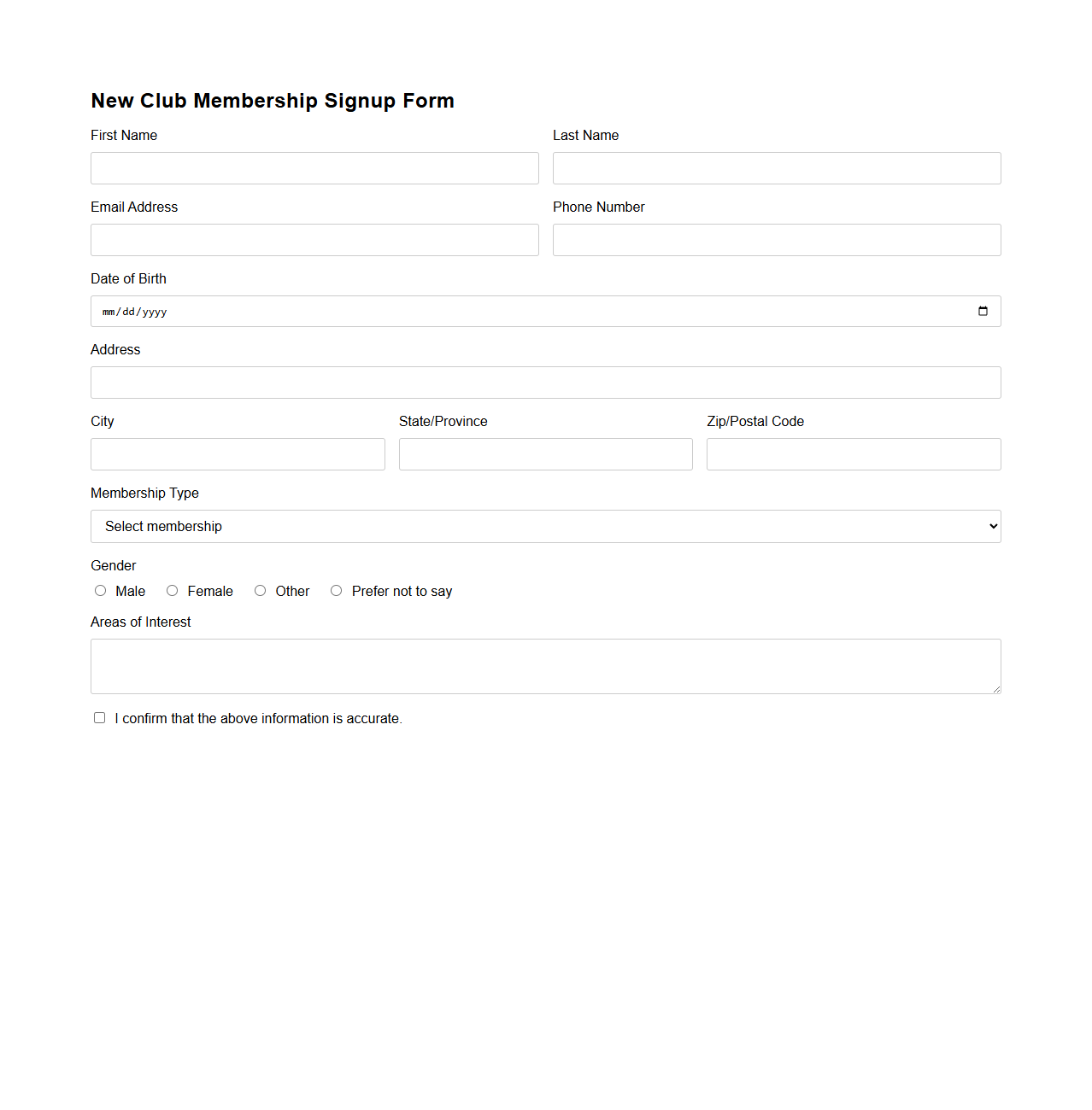 New Club Membership Signup Form Template