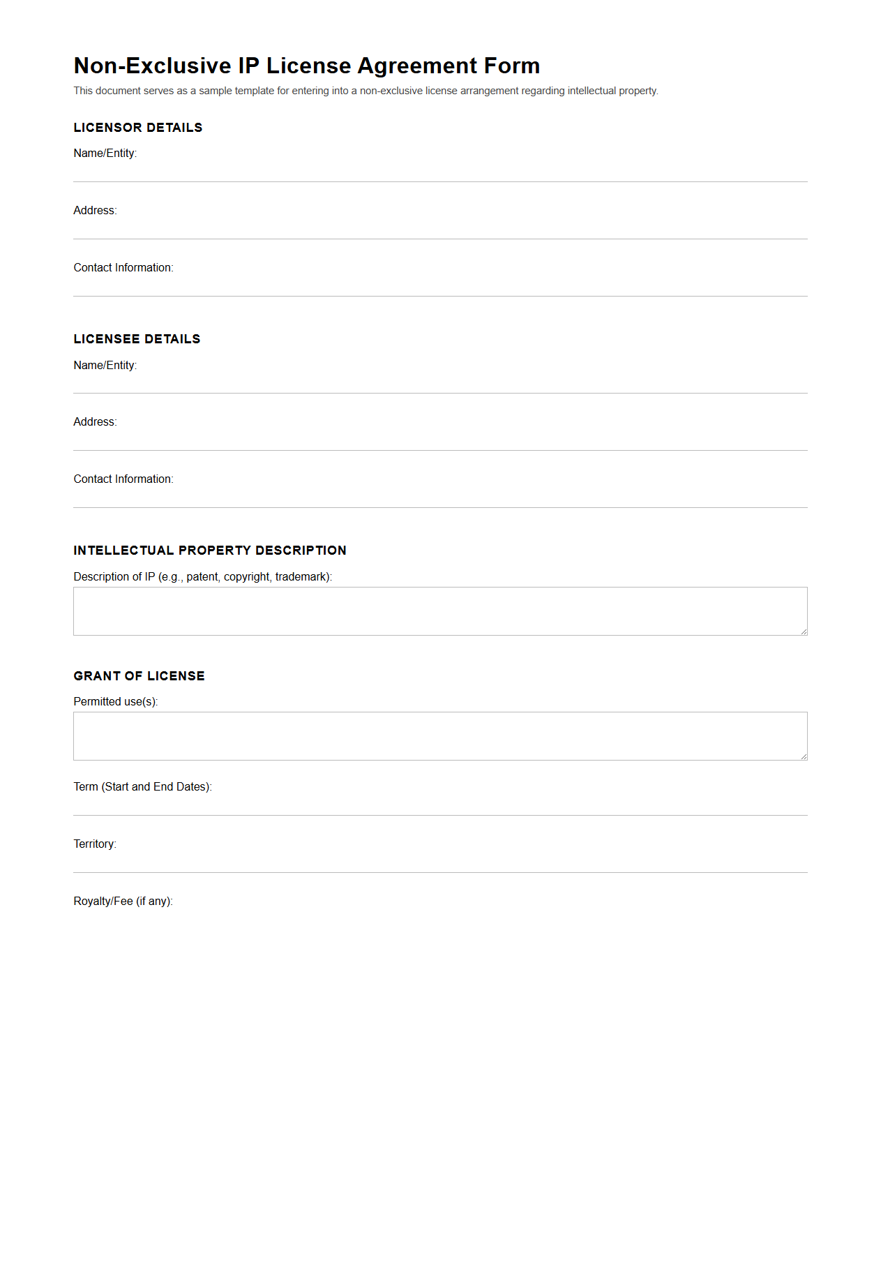 Non-Exclusive IP License Blank Form