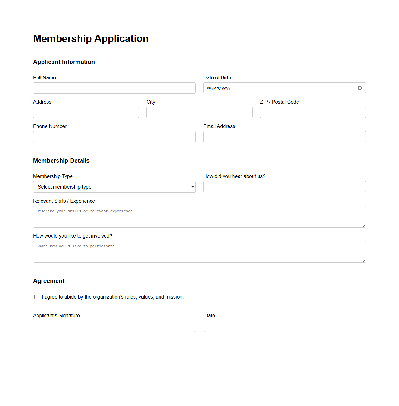 Nonprofit Organization Membership Application Sheet