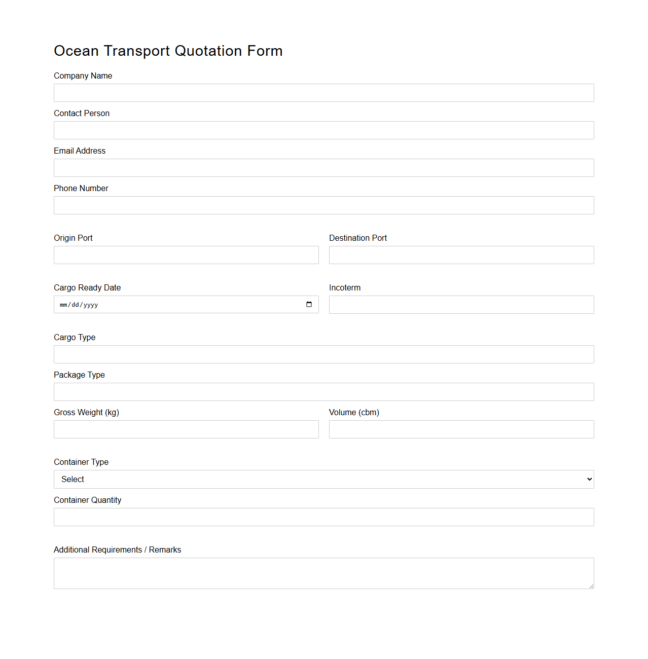 Ocean Transport Quotation Form