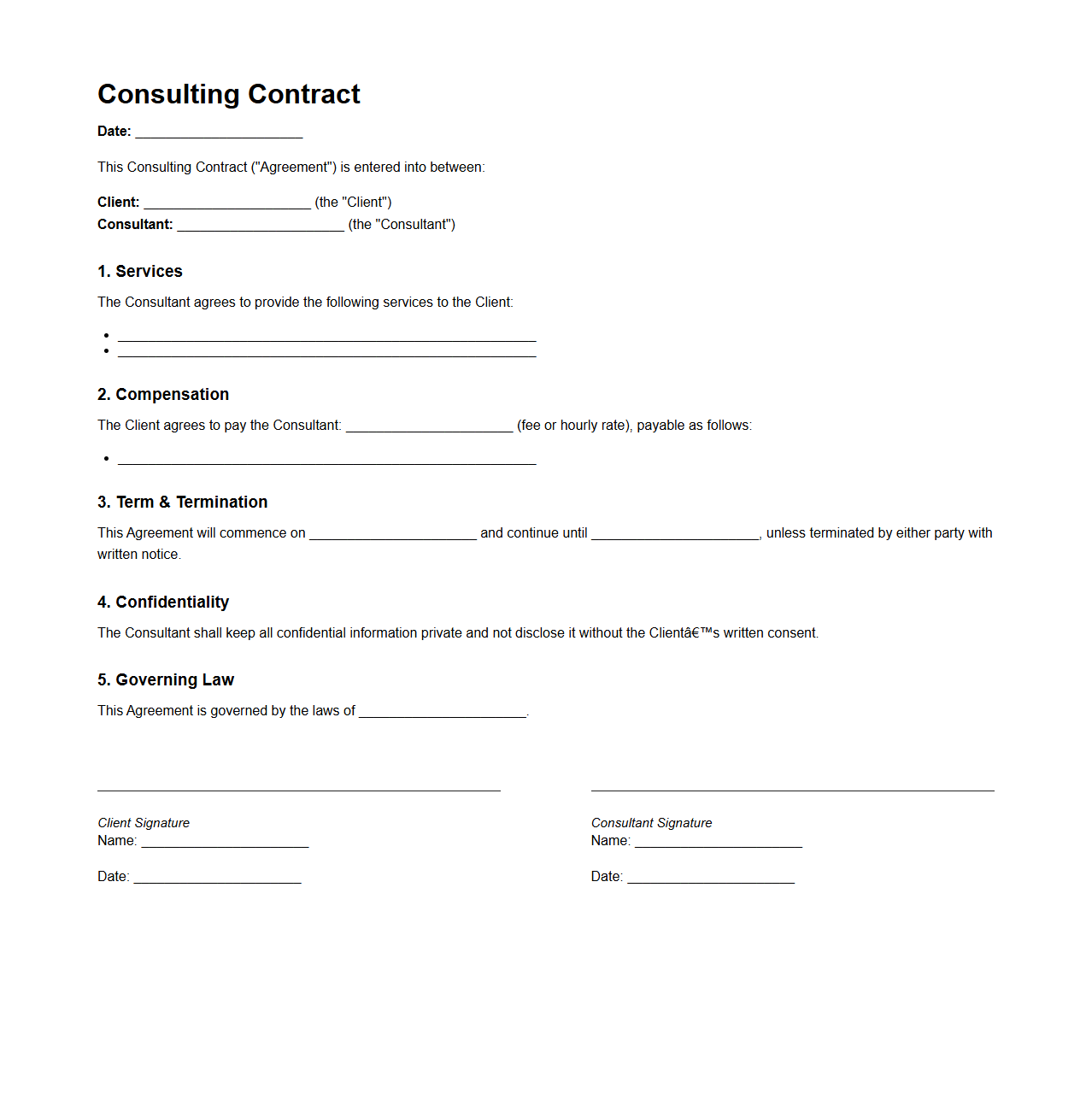 One-Page Consulting Contract Template