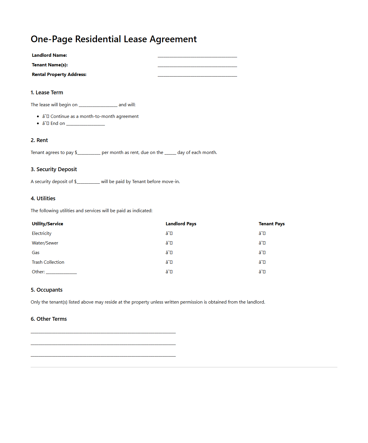 One-Page Residential Lease Template