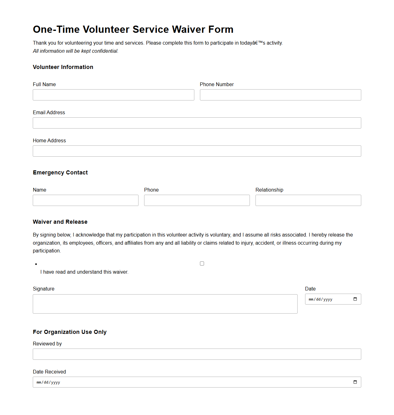 One-Time Volunteer Service Waiver Form