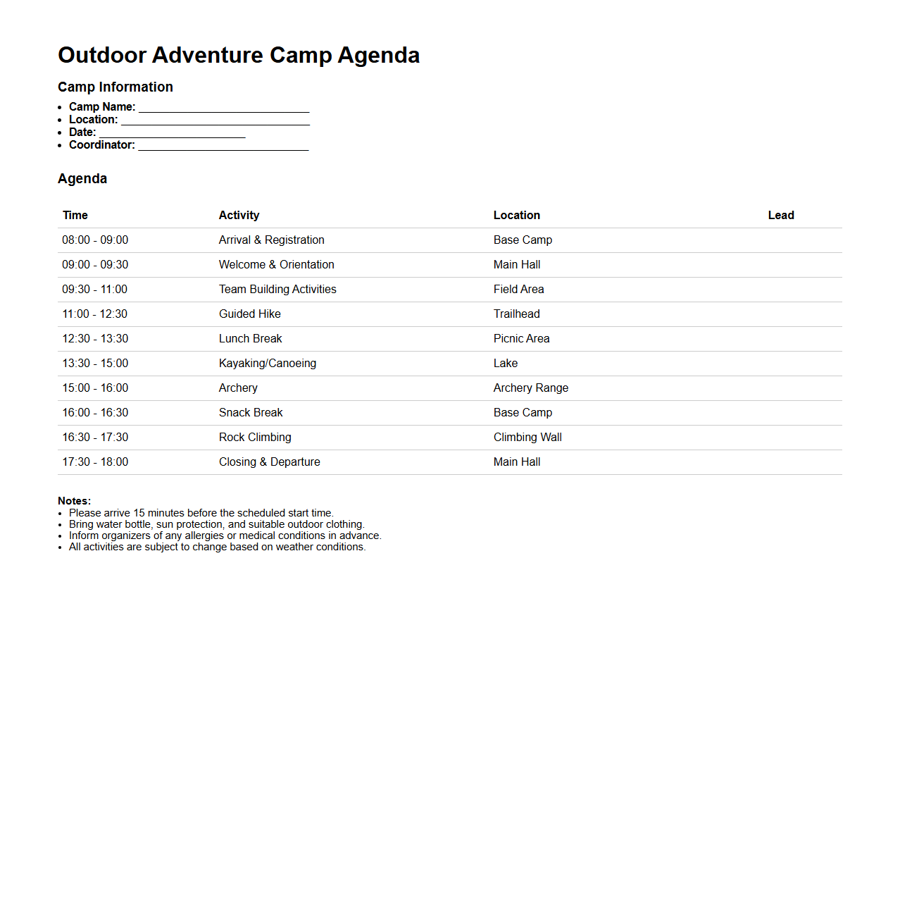 Outdoor Adventure Camp Agenda Sheet