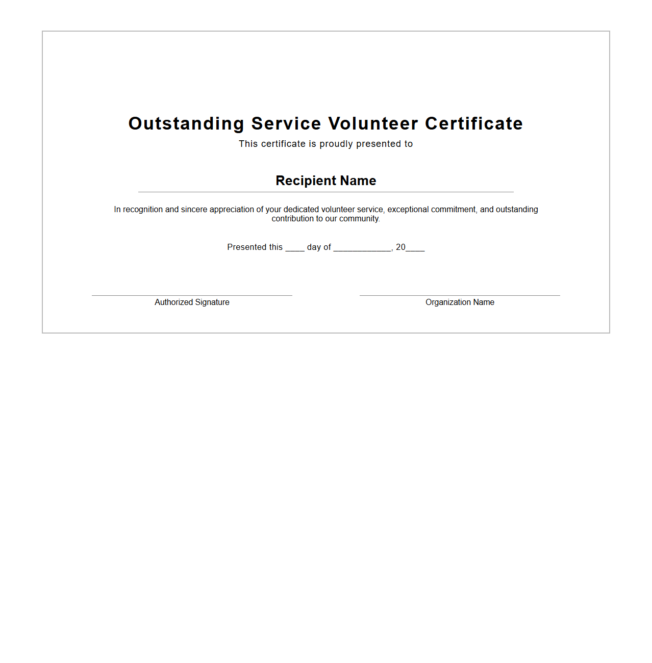 Outstanding Service Volunteer Certificate Template