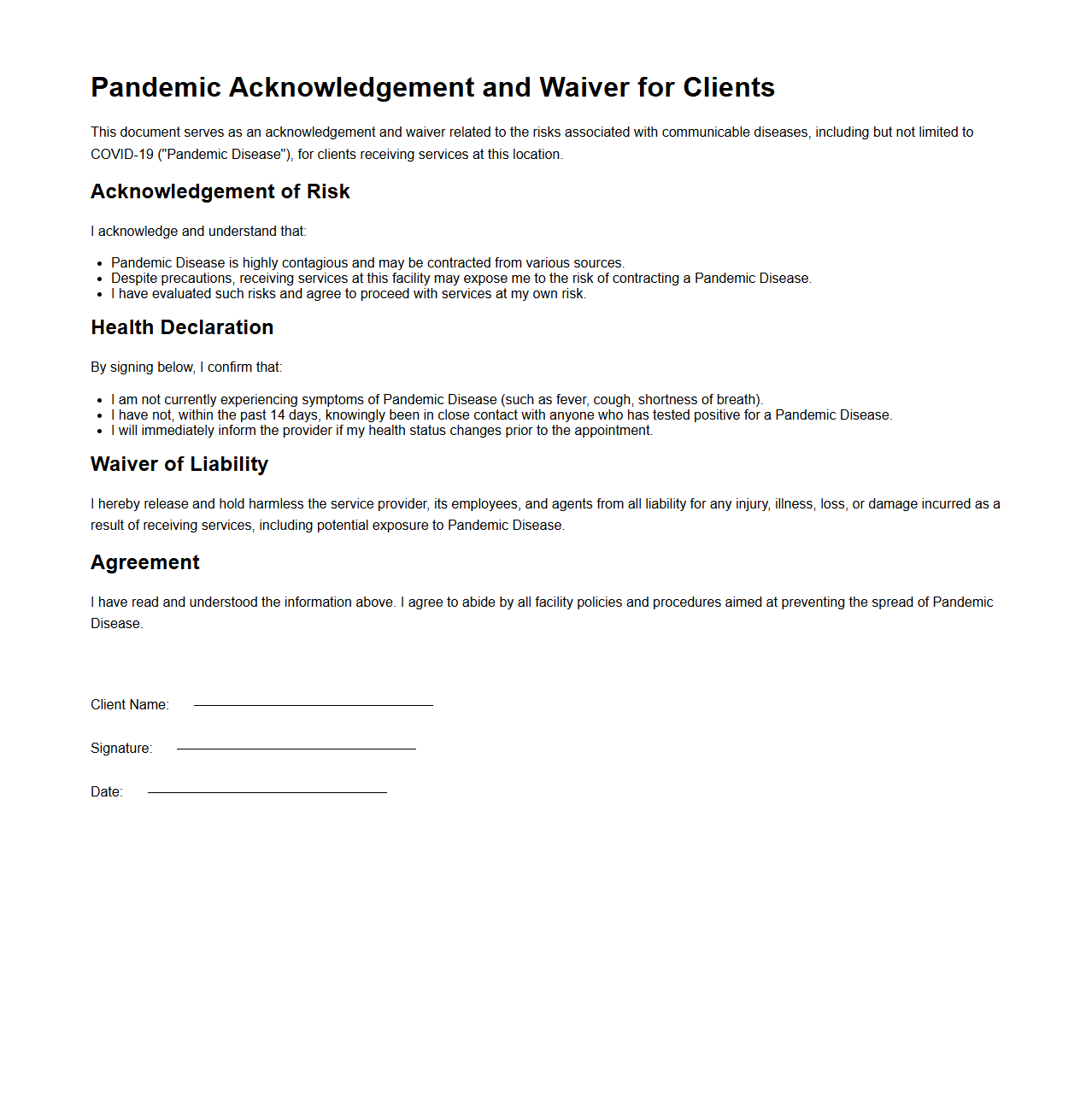 Pandemic Acknowledgement and Waiver for Clients
